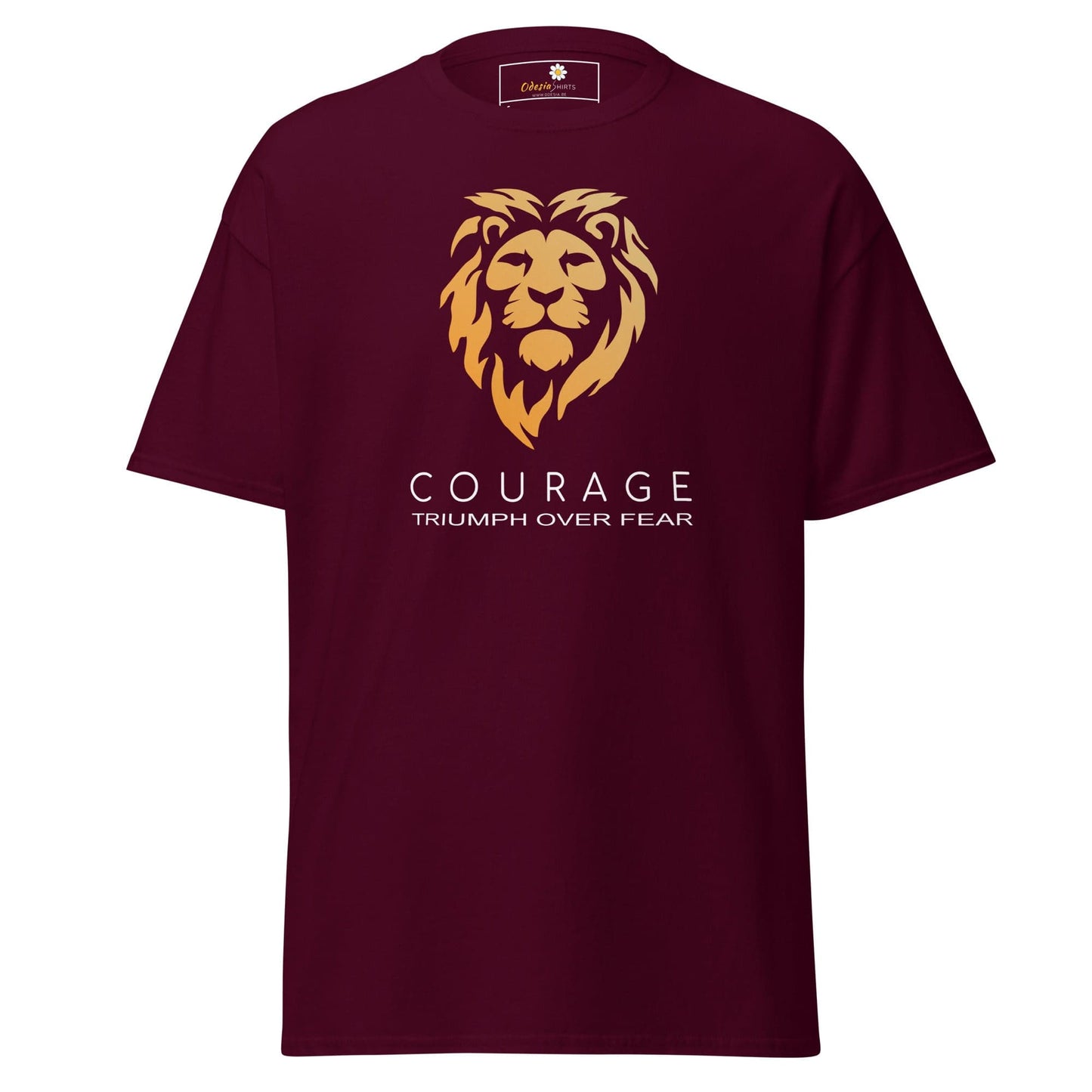 Maroon T-shirt featuring lion graphic, suitable for men and women, available in sizes S to XL