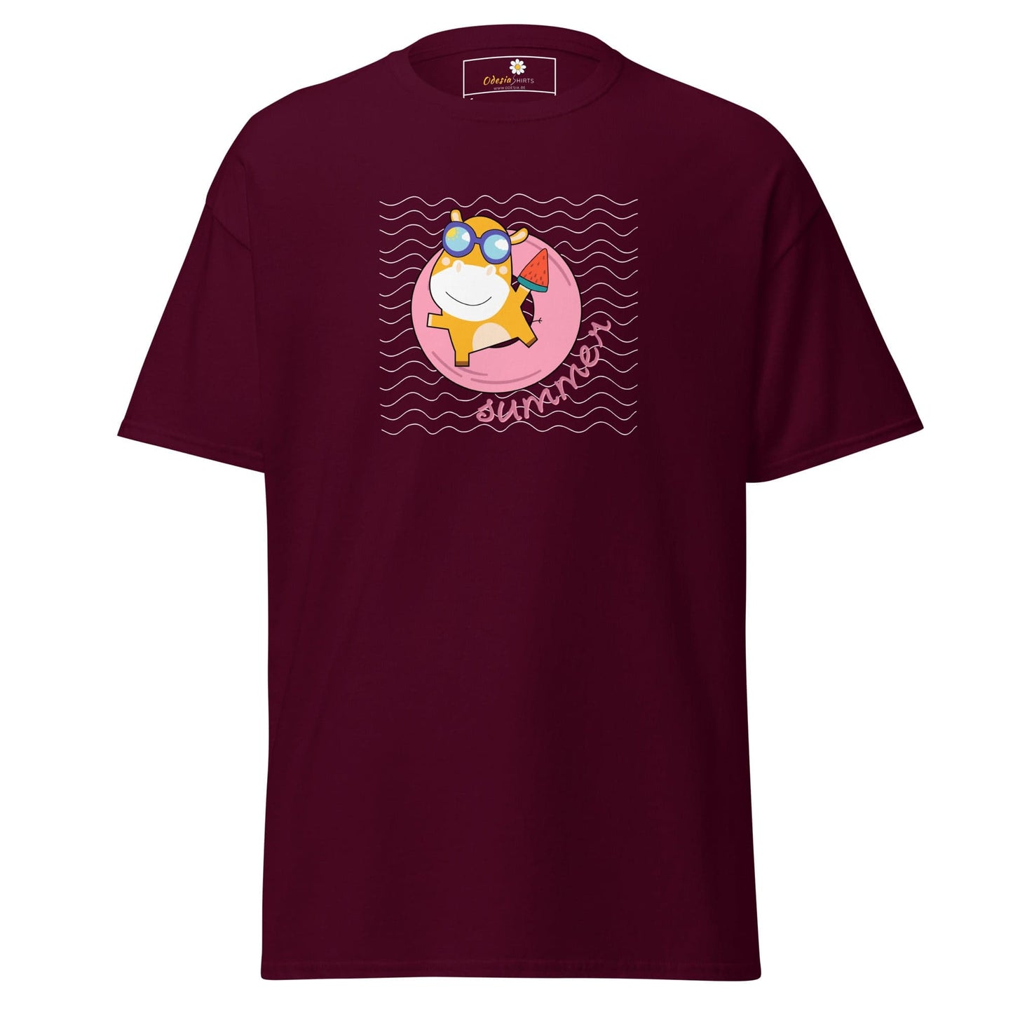 Maroon T-shirt with cartoon graphic for Men and Women in sizes S to XL