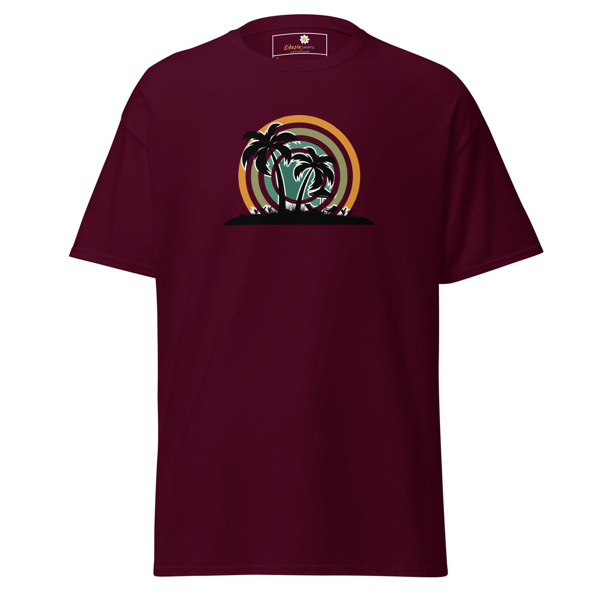 Maroon T-shirt with palm tree graphic for Men and Women available in sizes S to XL