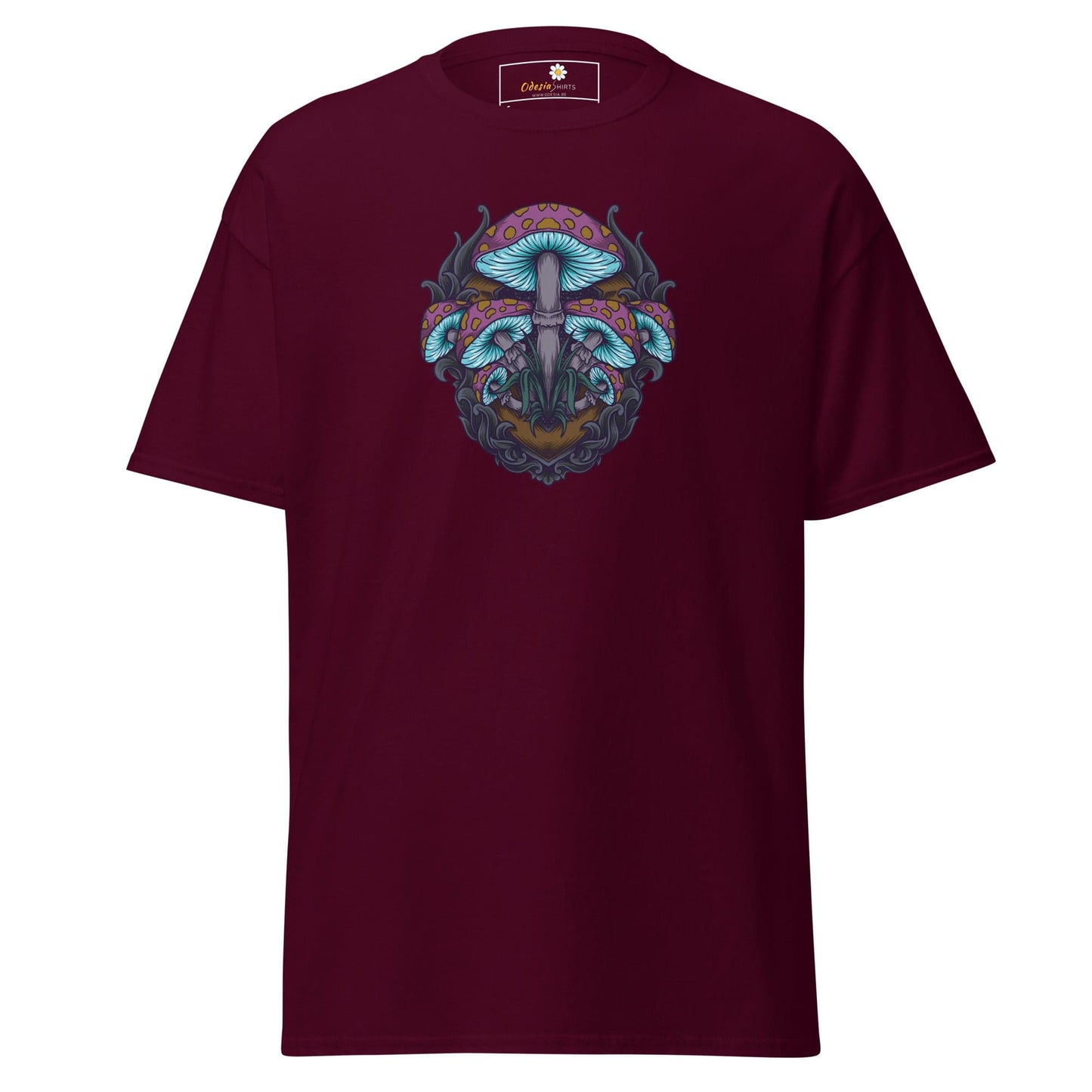 Maroon T-shirt with mushroom graphic for men and women in sizes S to XL