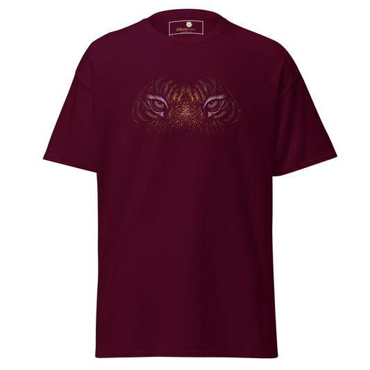 Maroon T-shirt featuring a tiger eyes design for men and women in sizes S to XL