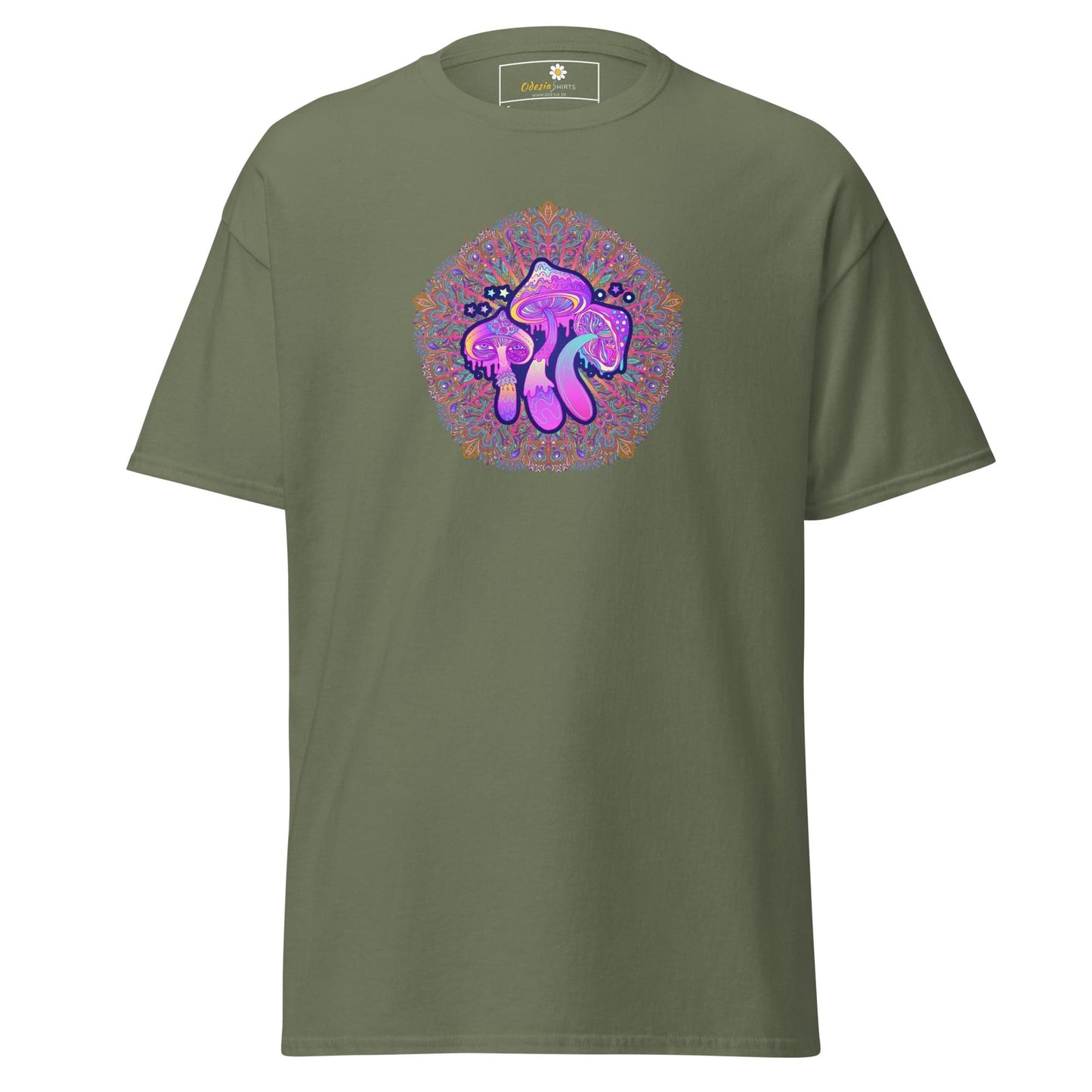 Olive green T-shirt with mushroom design for Men and Women in sizes S to XL