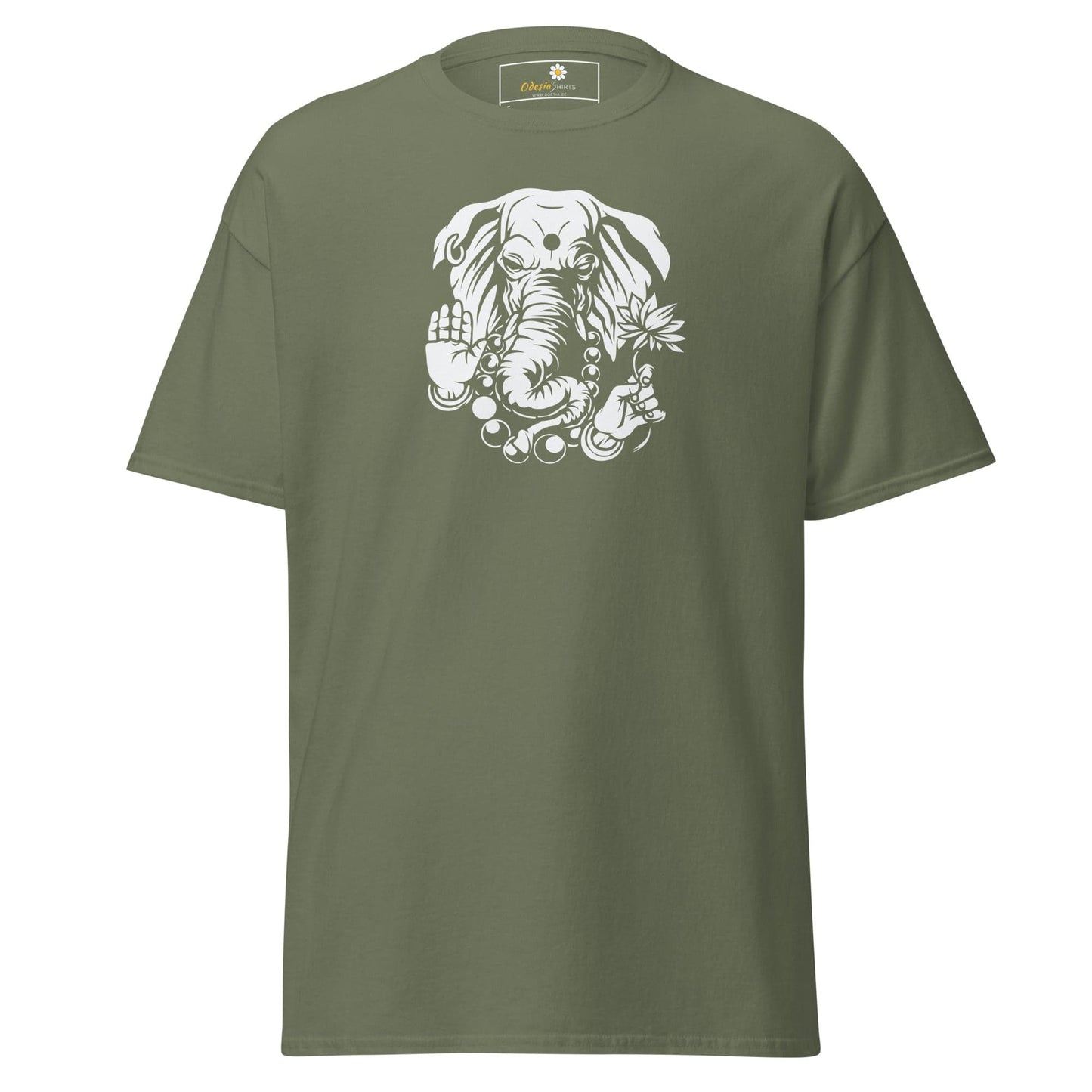 Olive green T-shirt with white elephant graphic for Men and Women in sizes S to XL
