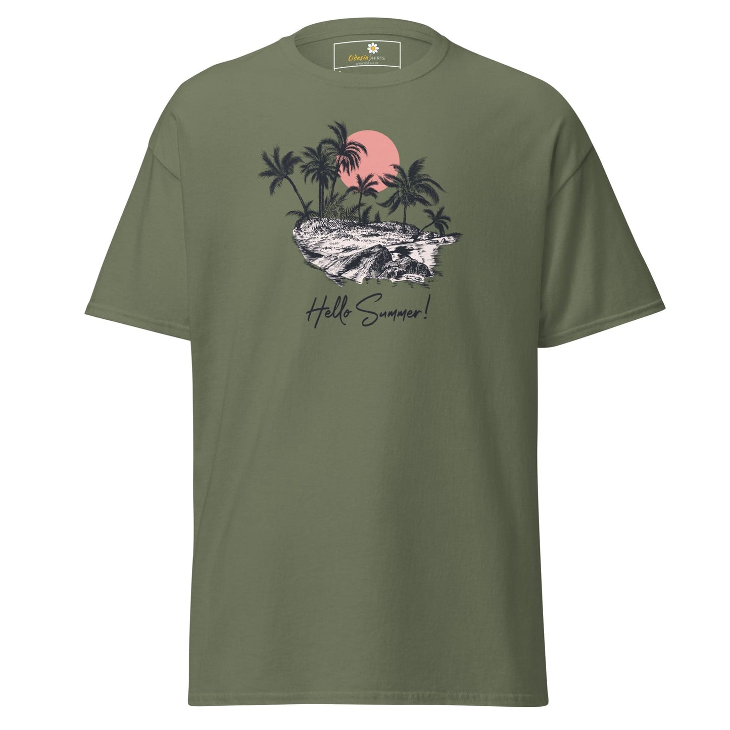 Olive green T-shirt with tropical island graphic, suitable for men and women sizes S to XL