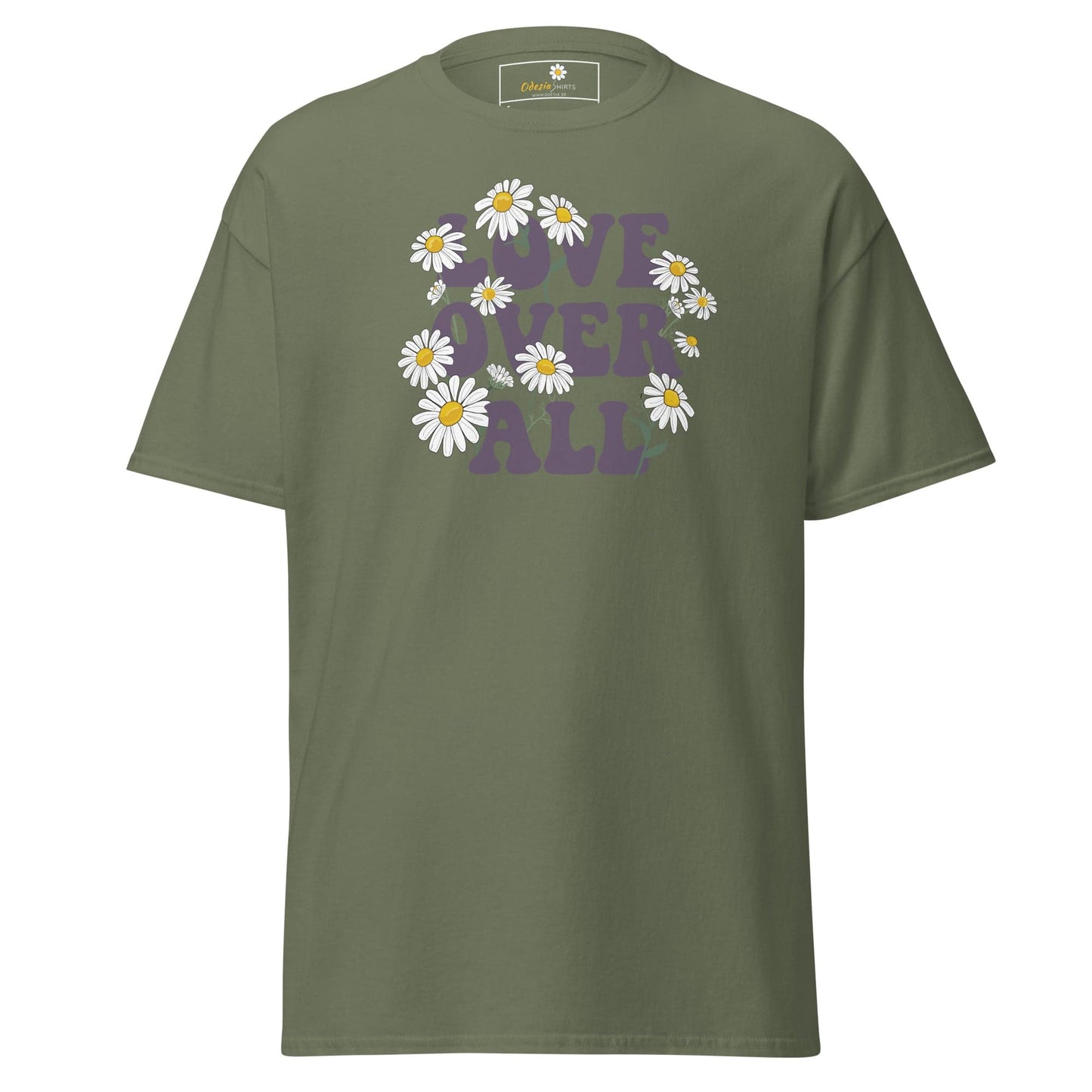 Olive green t-shirt with daisy graphic, suitable for men and women sizes S to XL