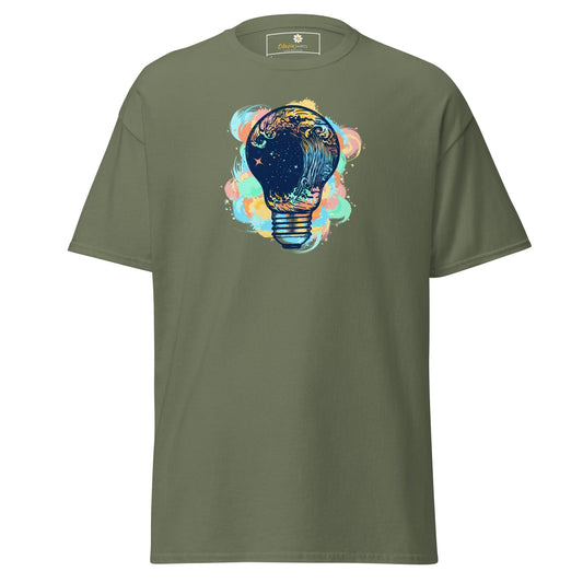 Olive green T-shirt with lightbulb graphic for men and women in size S to XL