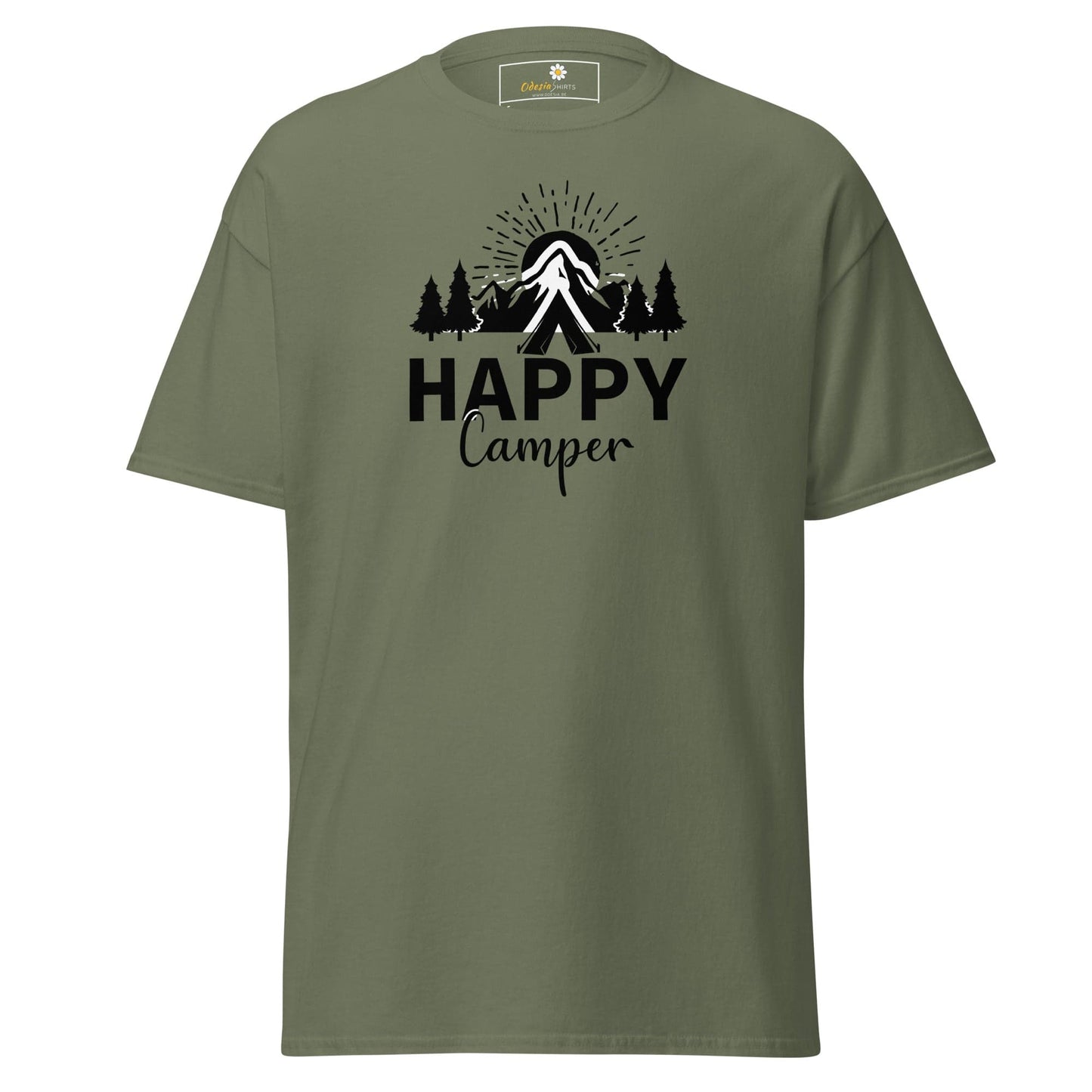 Olive green T-shirt with happy camper graphic displayed in T-shirt design product for men and women
