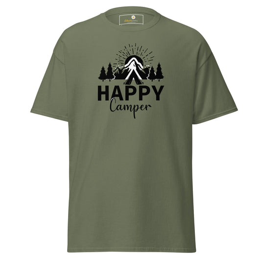 Olive green T-shirt with happy camper graphic displayed in T-shirt design product for men and women