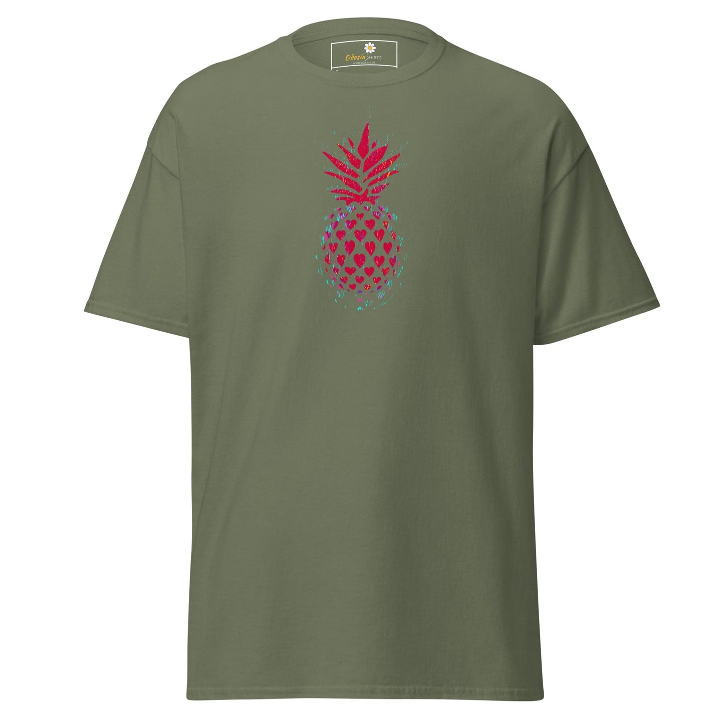 Olive green T-shirt with pineapple graphic for men and women in size S to XL