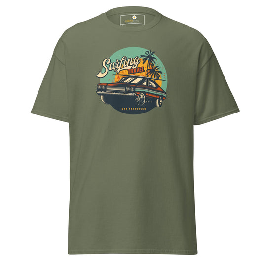 Olive green T-shirt with car graphic for men and women, available in sizes S to XL