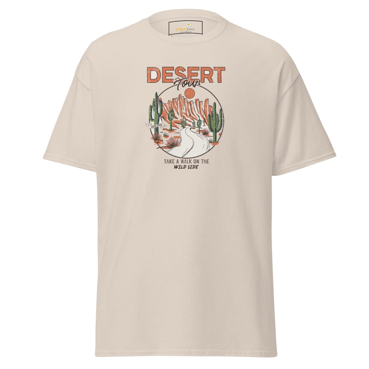 Beige T-shirt with desert graphic for Men and Women available in sizes S to XL