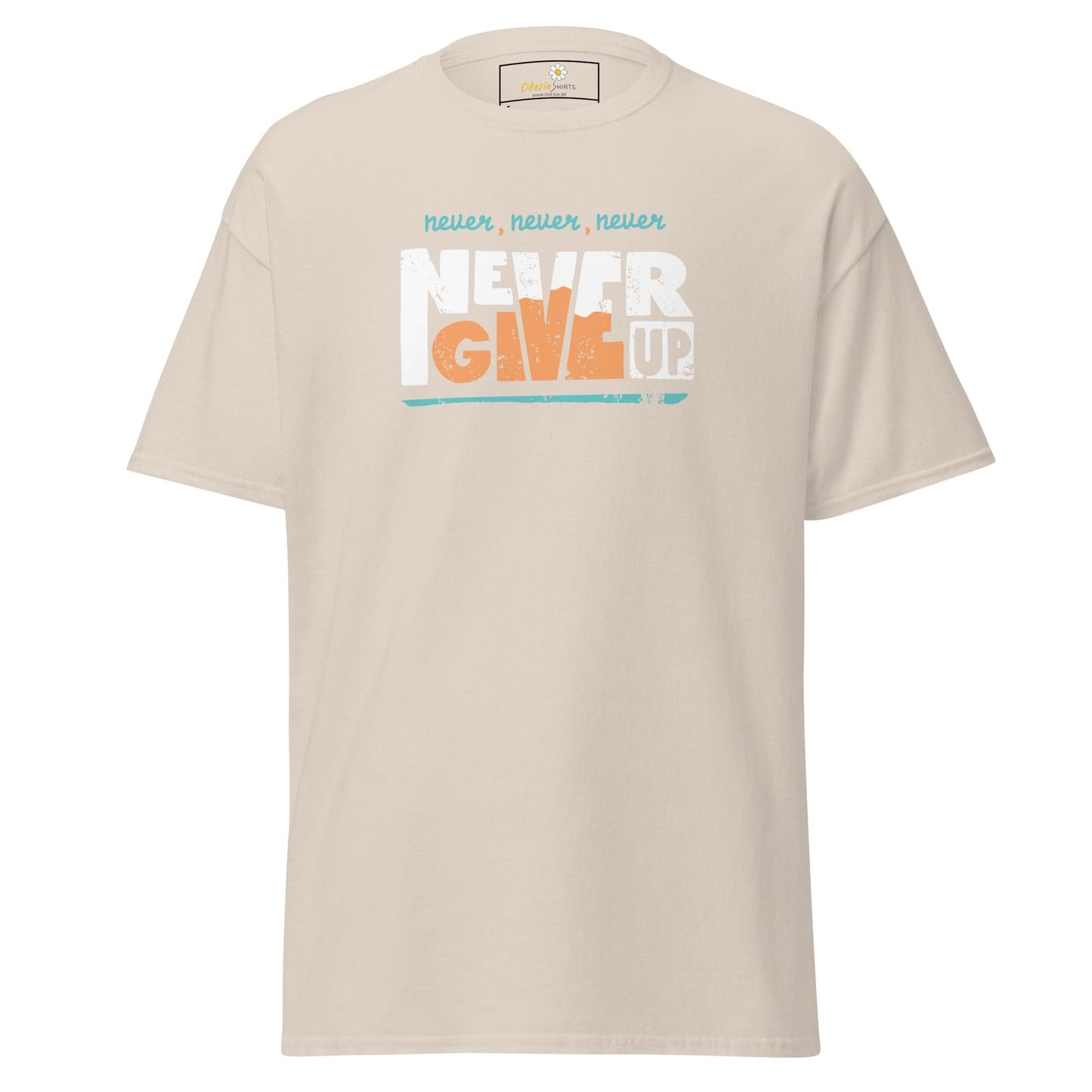 Beige T-shirt with Never Give Up graphic from T-SHIRT DESIGN TEE for Man or Woman