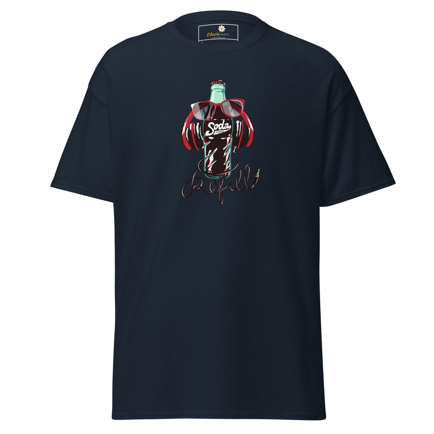 Navy blue T-shirt with soda bottle graphic for men and women, available in sizes S to XL