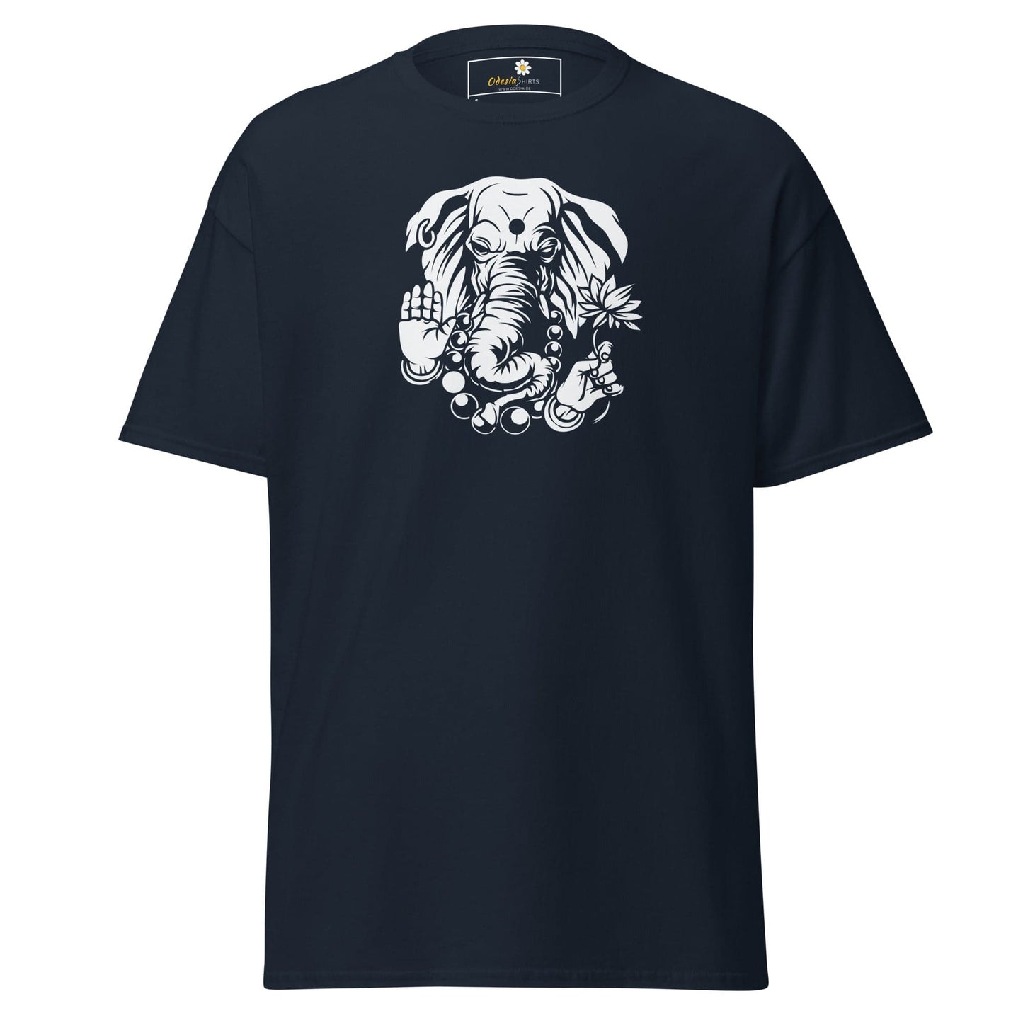 Navy blue T-shirt featuring Ganesha graphic for men and women in sizes S to XL