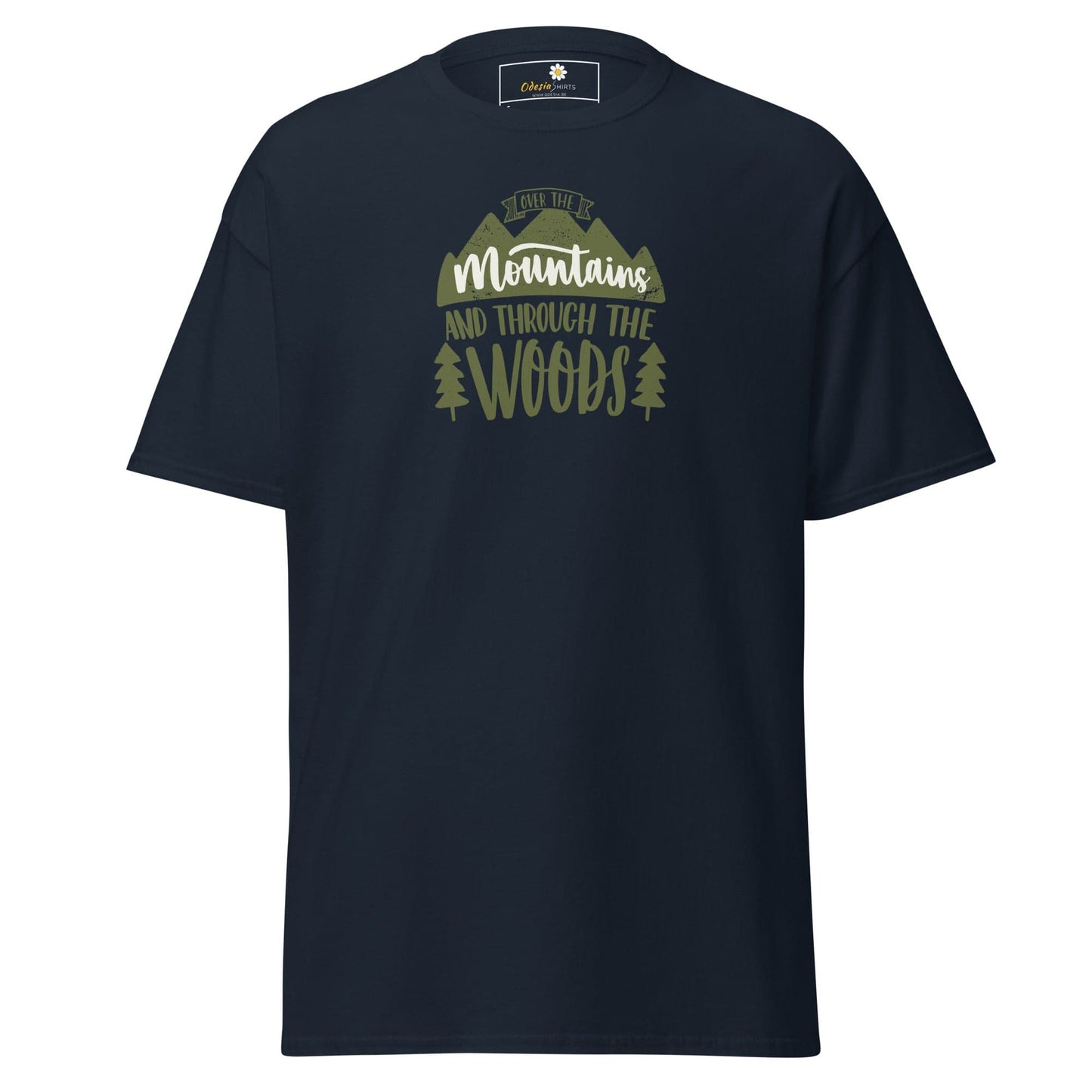 Navy blue T-shirt with mountain and woods graphic for men and women sizes S to XL