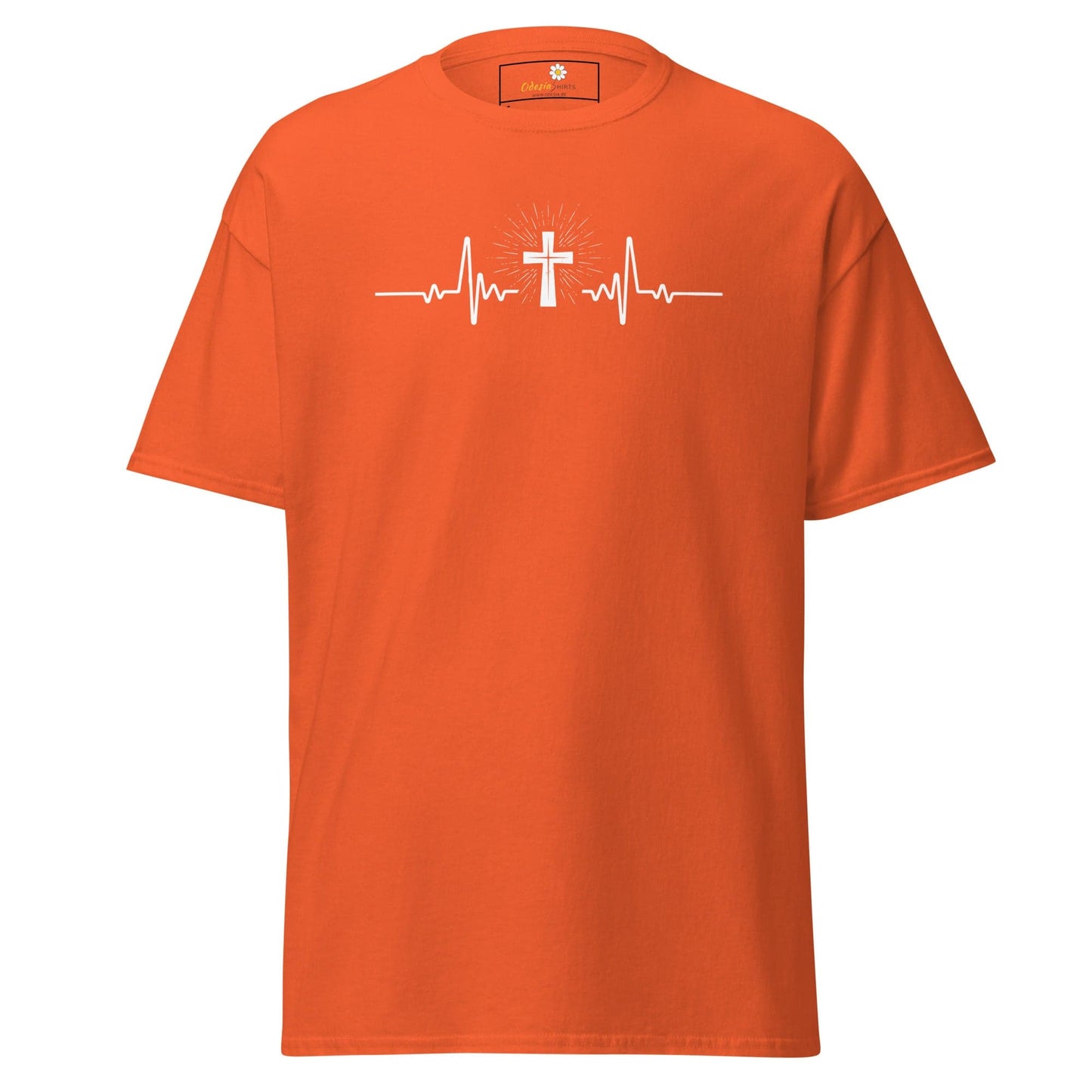 Orange T-shirt with cross heartbeat design for men and women in sizes S to XL