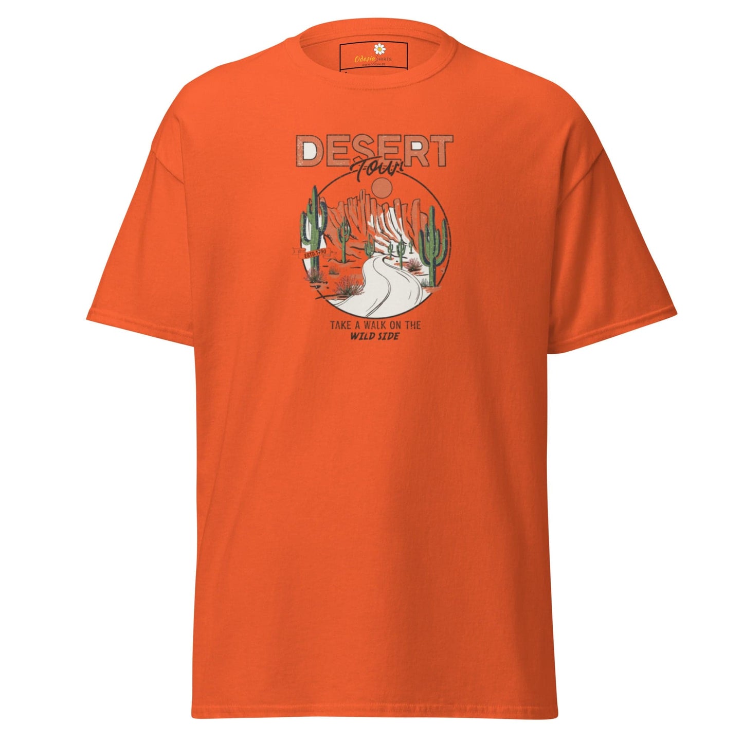 Orange T-shirt with desert graphic, suitable for men and women, available in S to XL