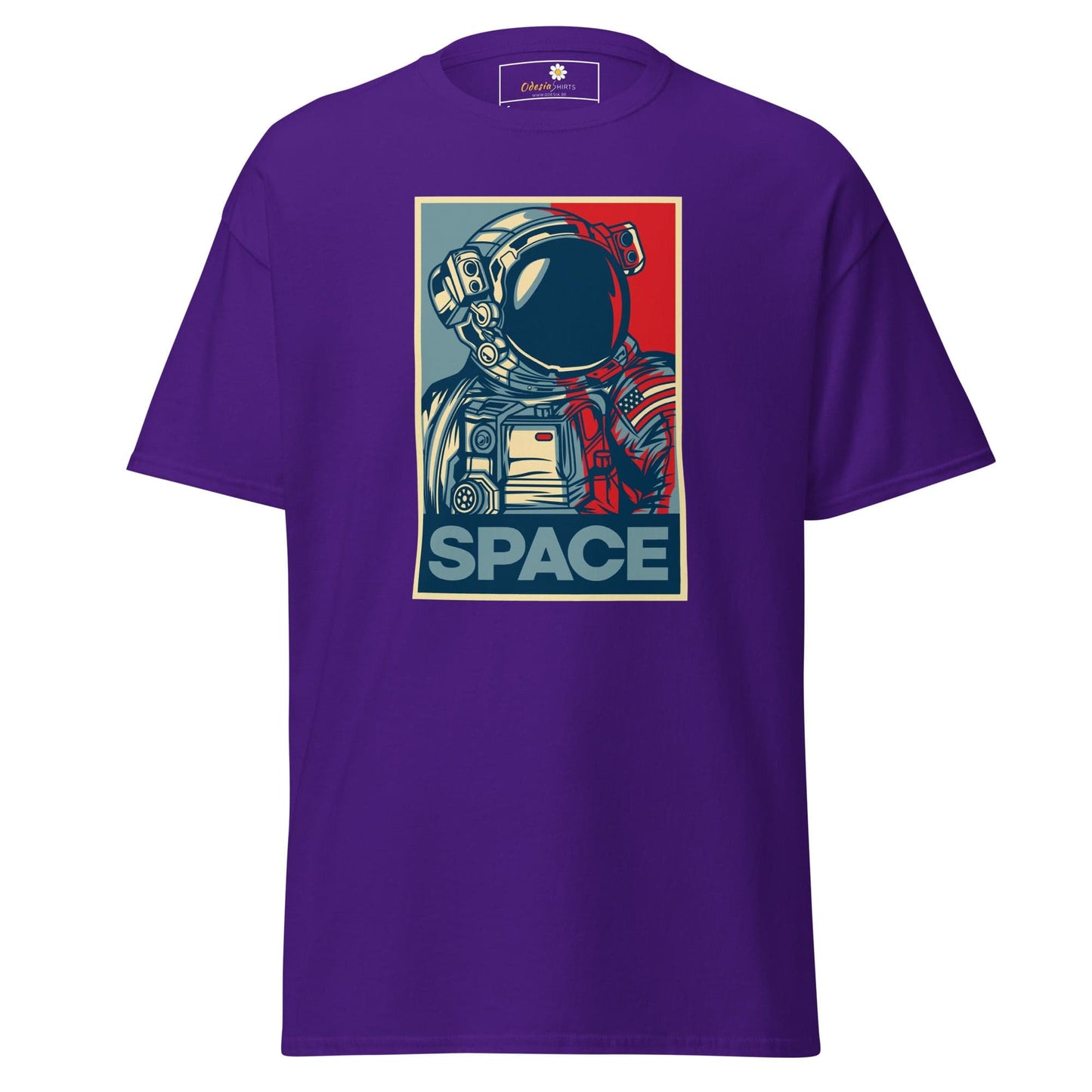 Purple T-shirt featuring an astronaut graphic, suitable for men and women in sizes S to XL