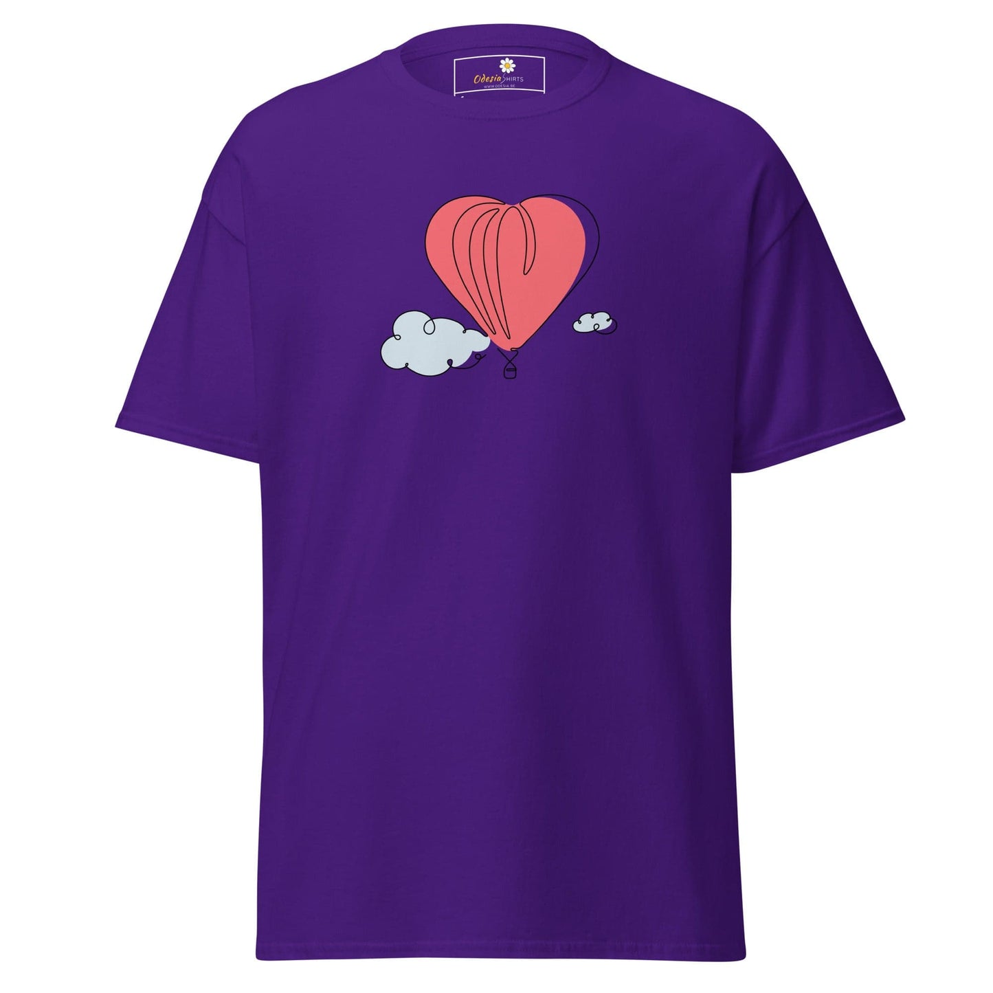 Purple T-shirt with heart balloon graphic for men and women in size S to XL