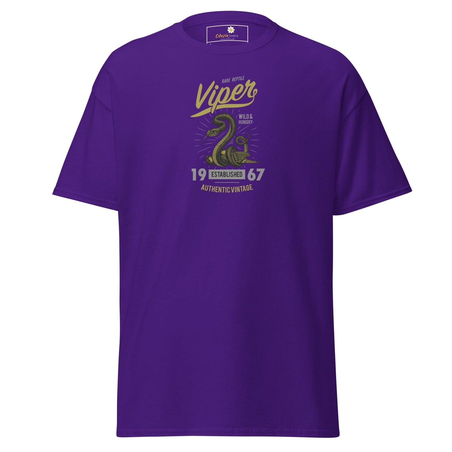Purple men’s and women’s T-shirt with snake graphic, available in sizes S to XL