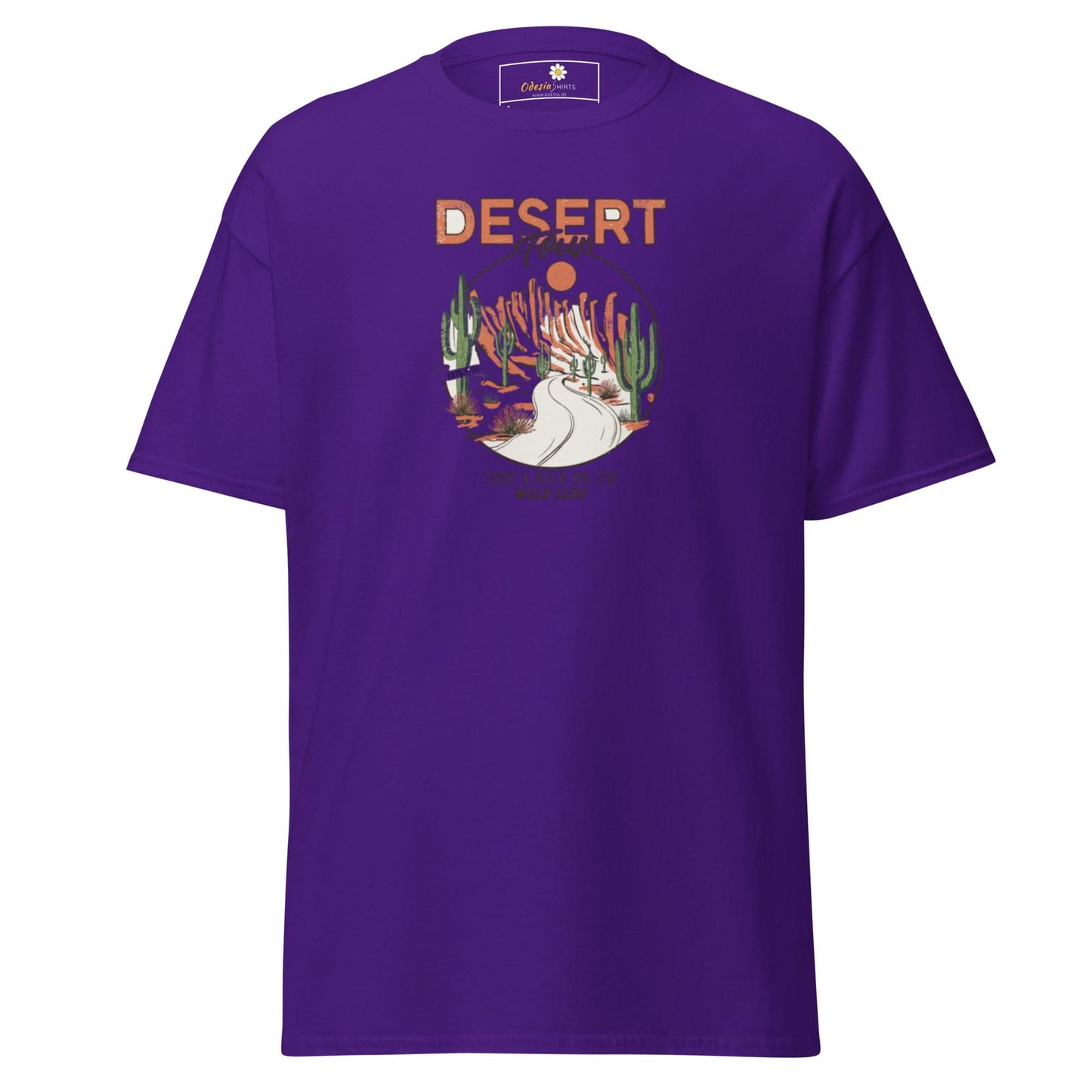 Purple T-shirt with desert scene design for men and women in S to XL sizes