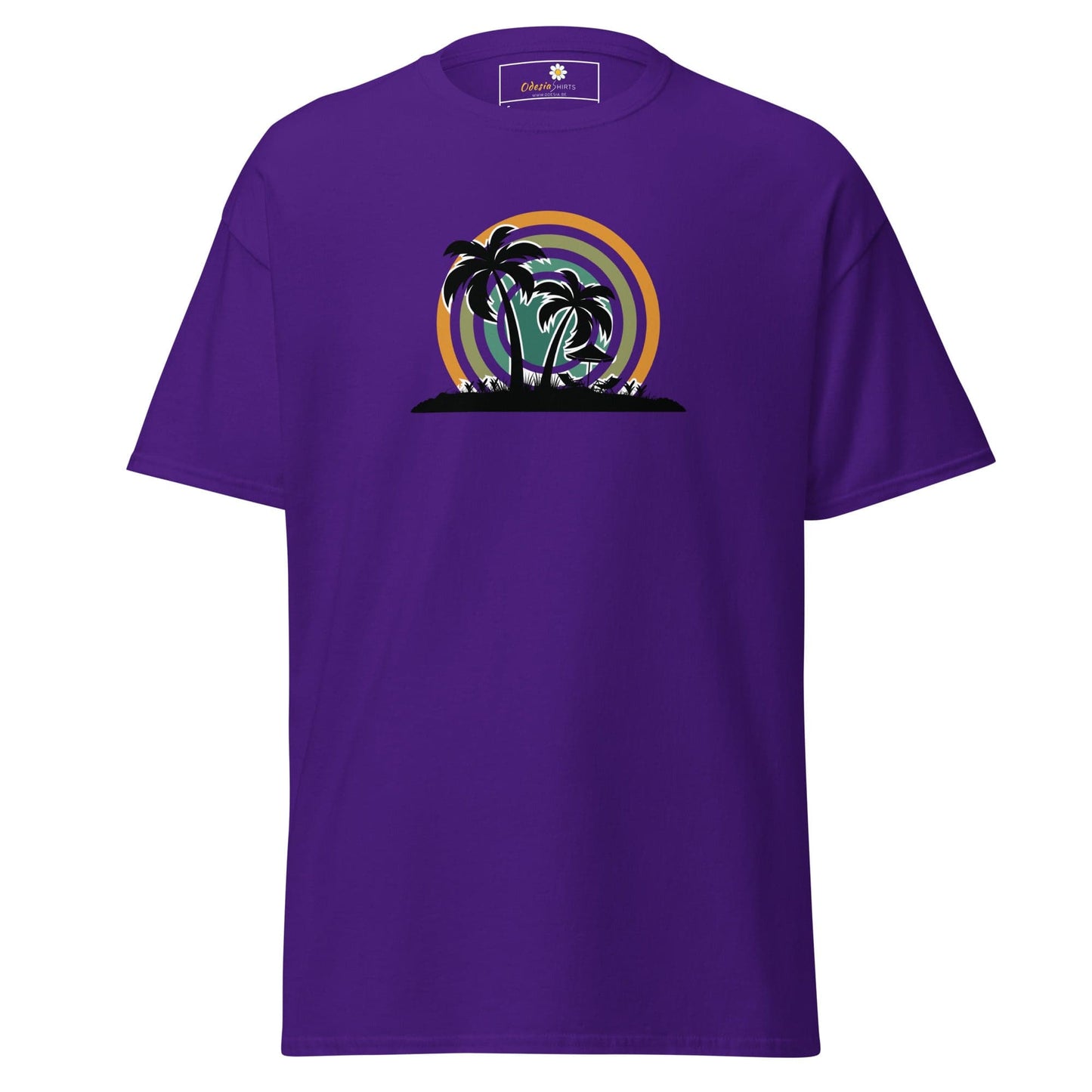 Purple T-shirt with palm tree graphic, suitable for men and women sizes S to XL