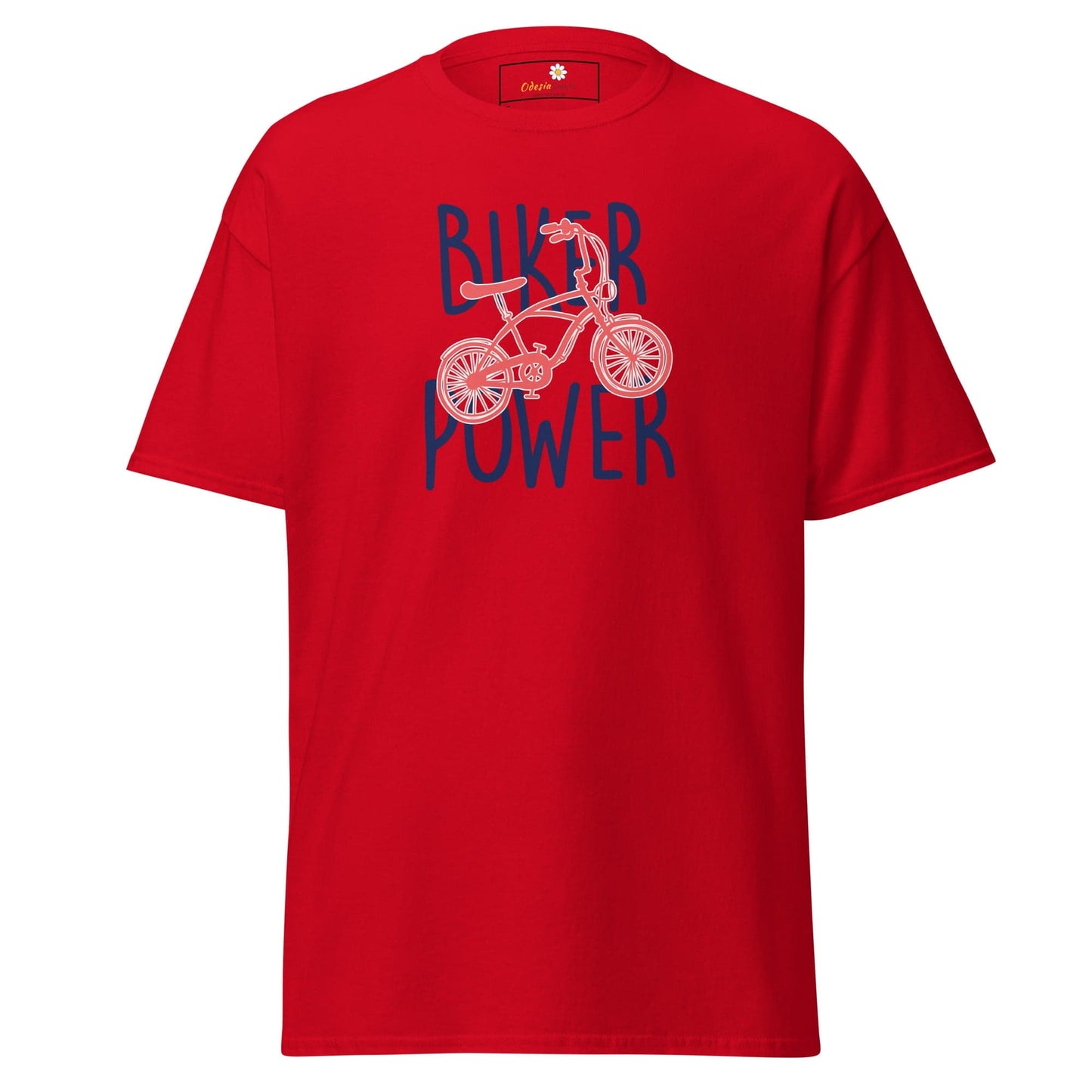Red T-shirt with bicycle graphic available in unisex sizes S to XL for stylish wear