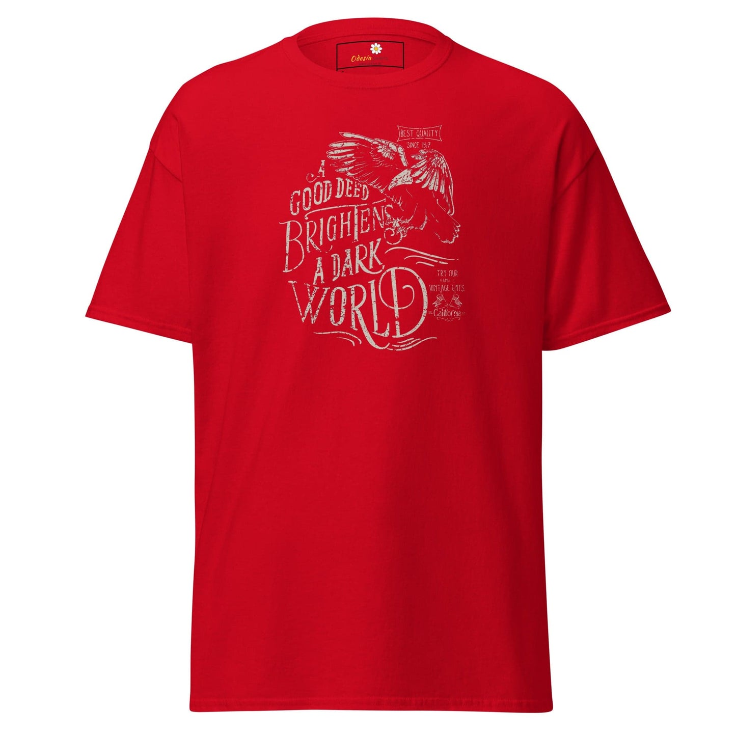 Red T-shirt with graphic design for men and women in sizes S to XL