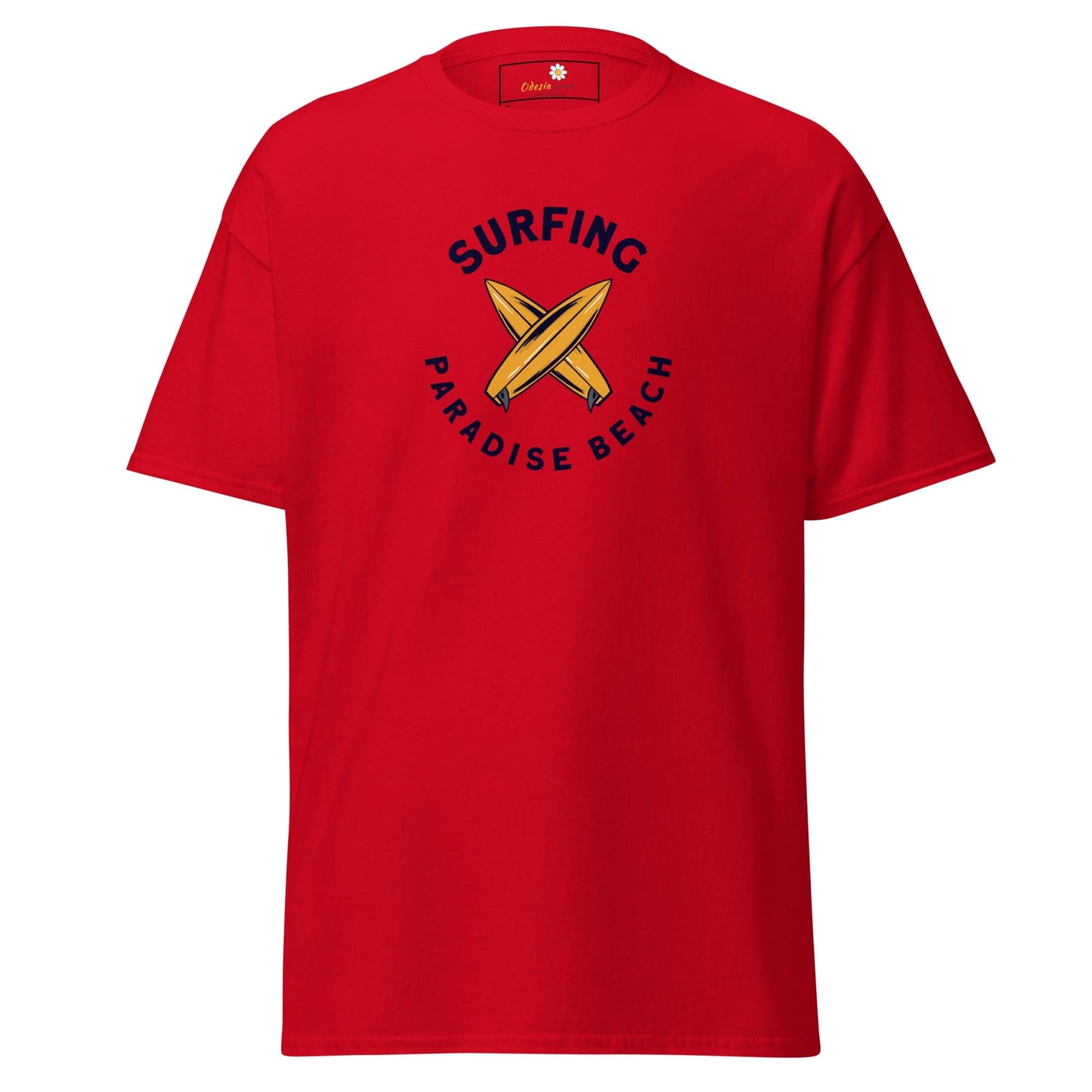 Red T-shirt with surfboards graphic for men and women in sizes S to XL