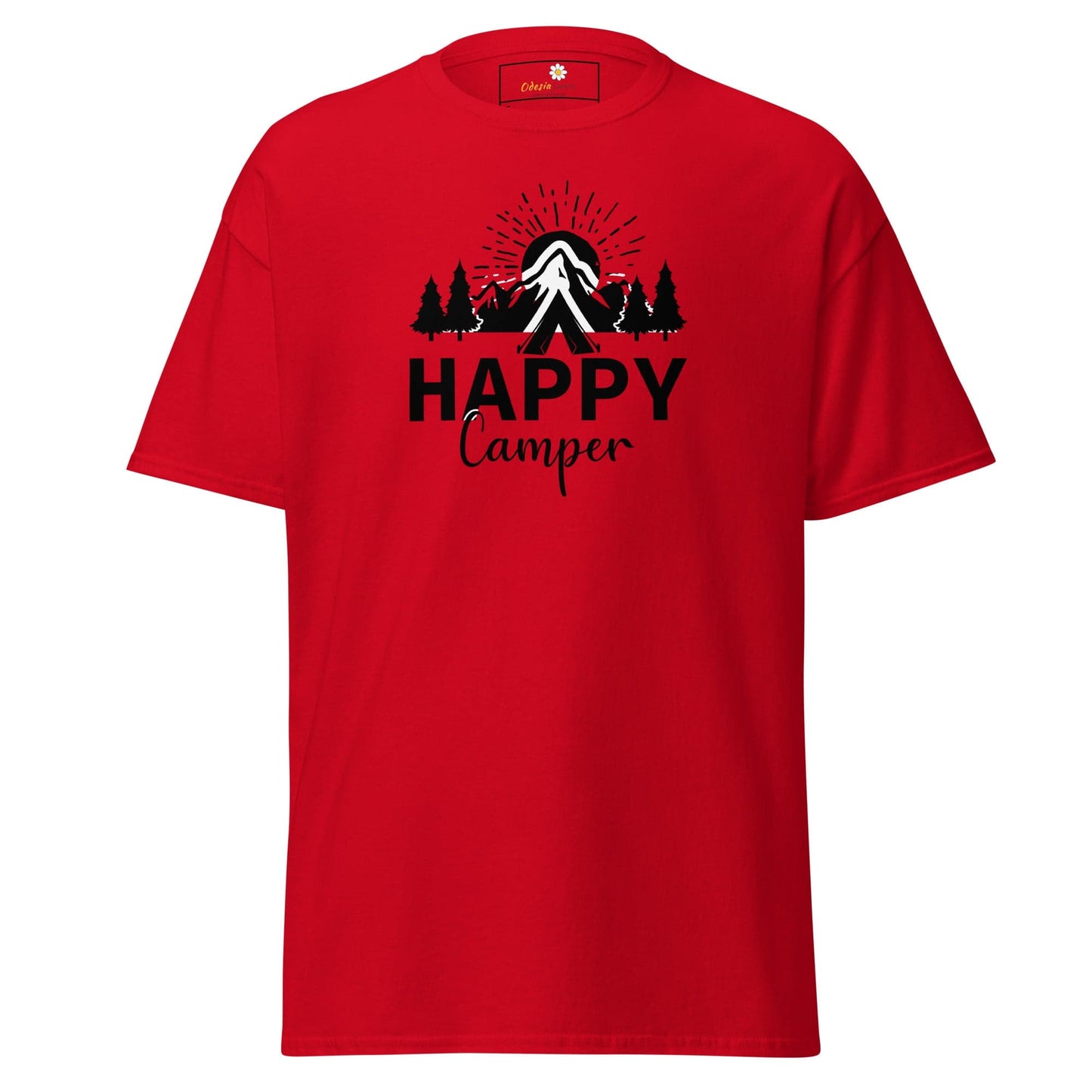Red T-shirt with camping graphic from T-SHIRT DESIGN TEE for men and women sizes S to XL