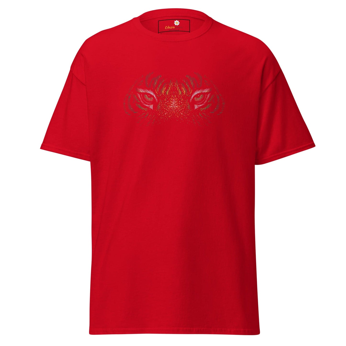 Red T-shirt featuring animal eyes design for men and women in S to XL sizes