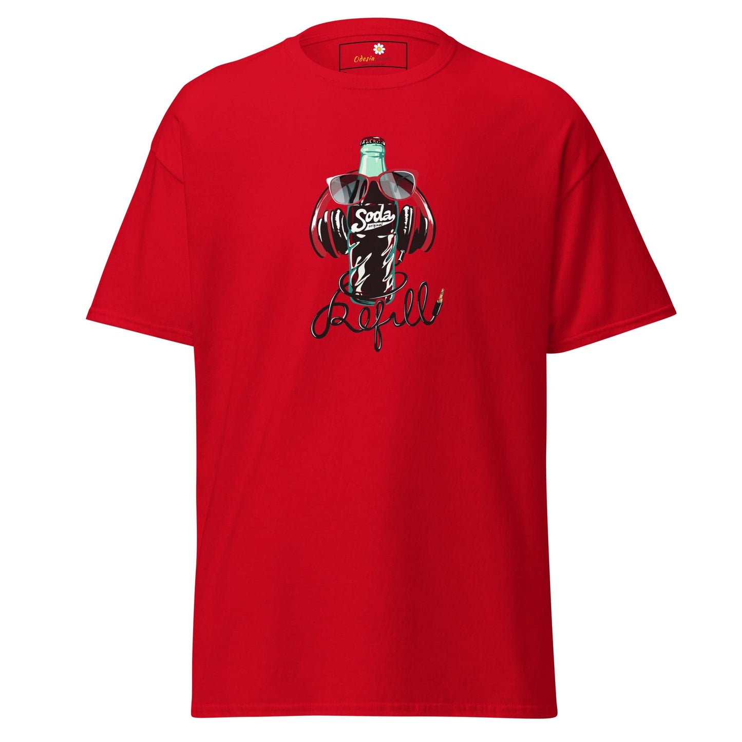 Red T-shirt with soda bottle graphic, suitable for men and women, available in sizes S to XL