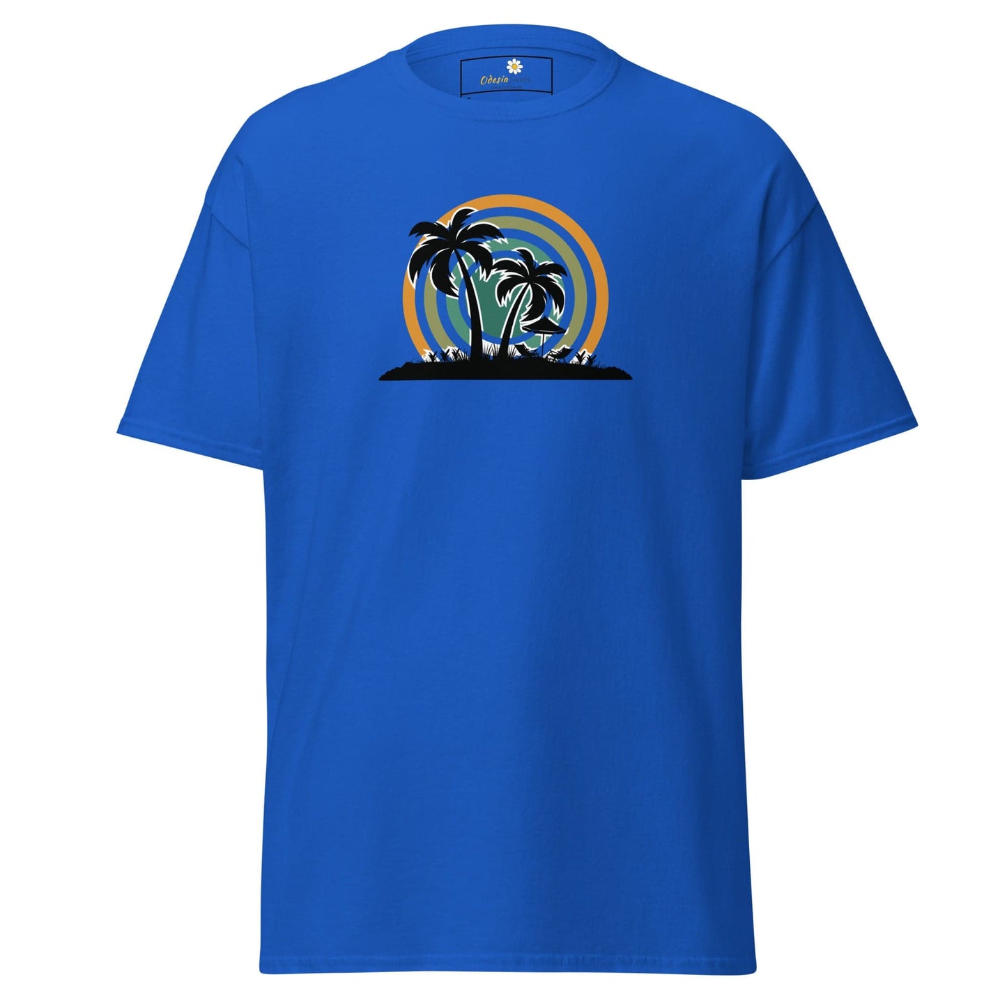 Blue T-shirt featuring a palm tree graphic, suitable for men and women sizes S to XL