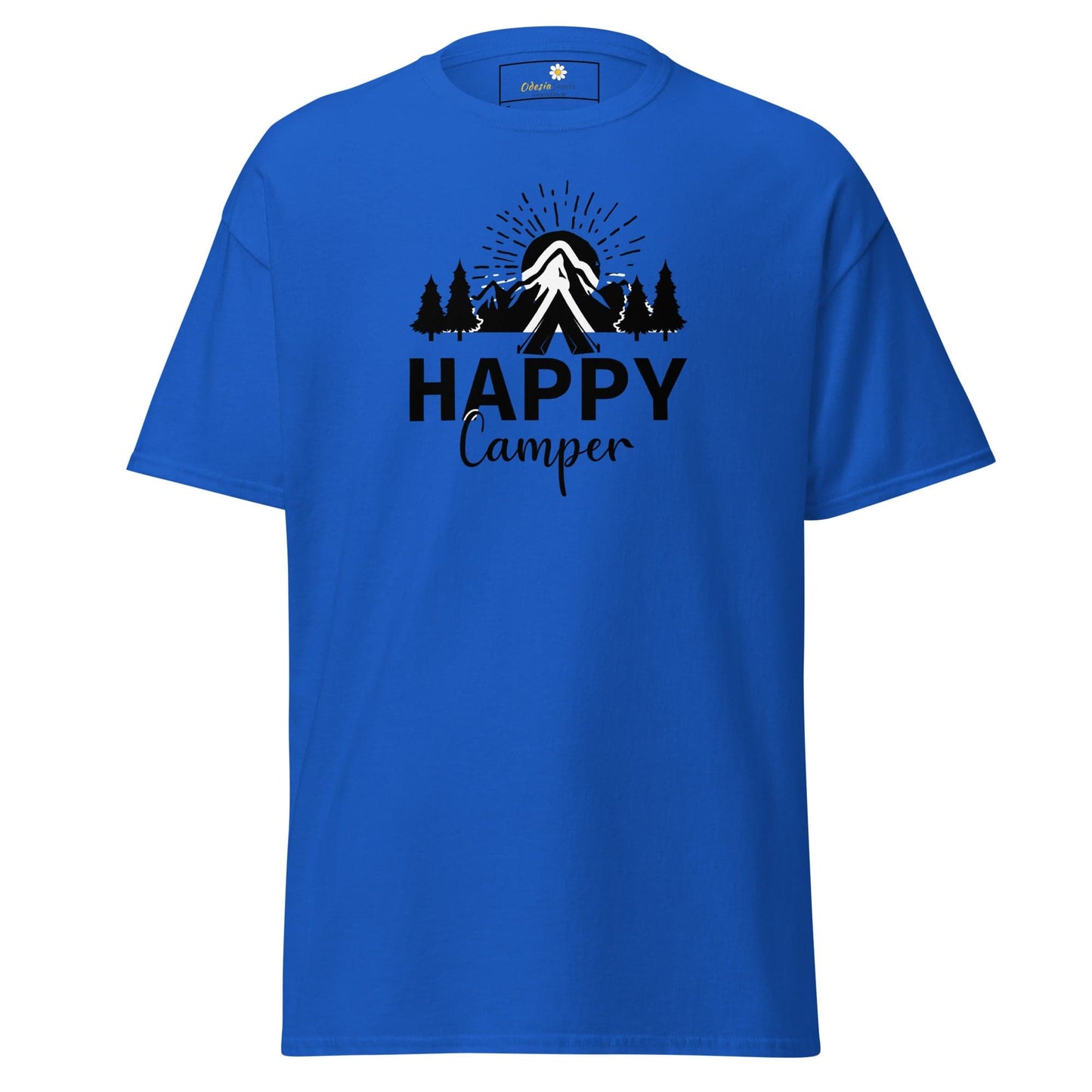 Blue t-shirt with camping graphic, suitable for men and women in sizes S to XL