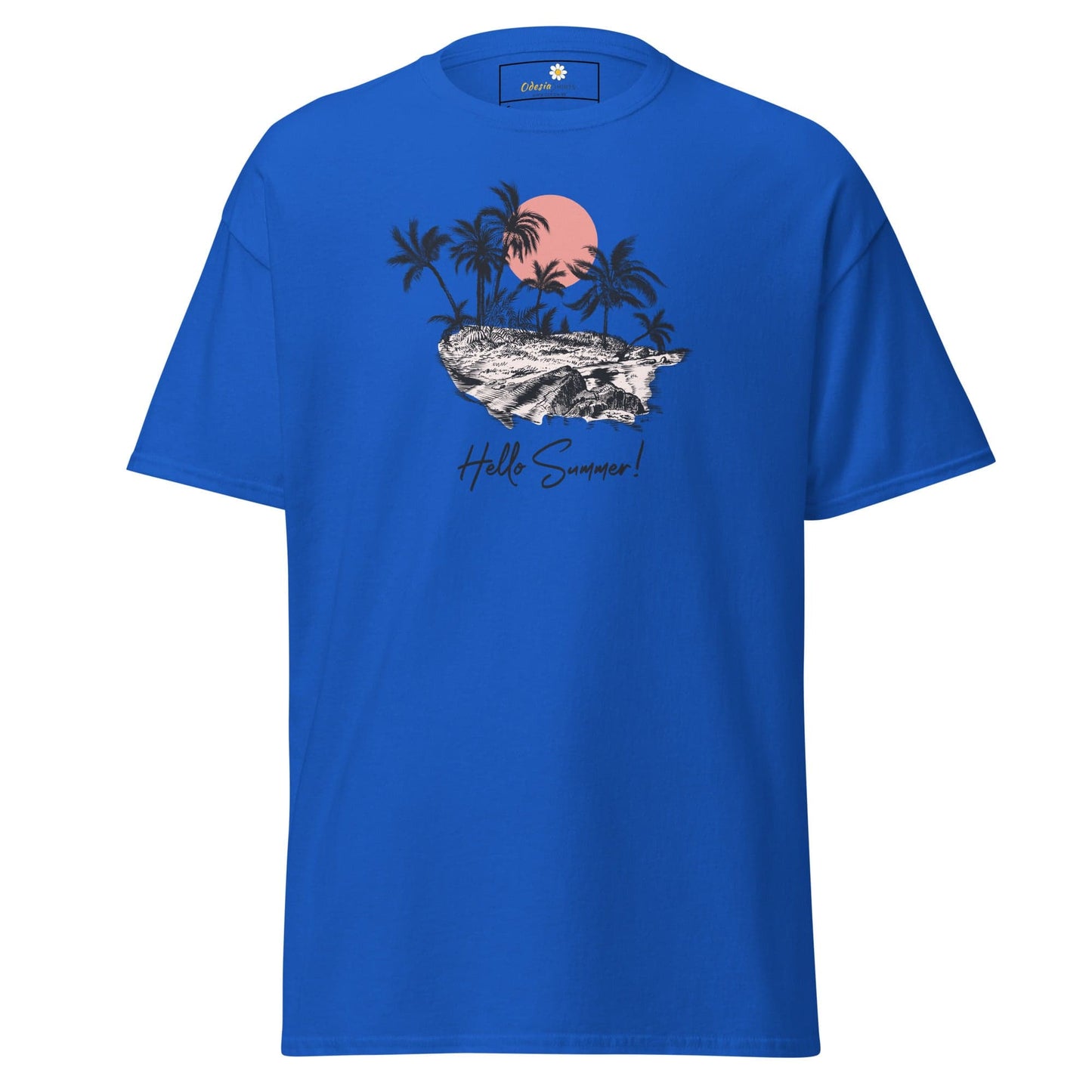 Blue T-shirt featuring a summer island graphic, available in men’s and women’s sizes S to XL