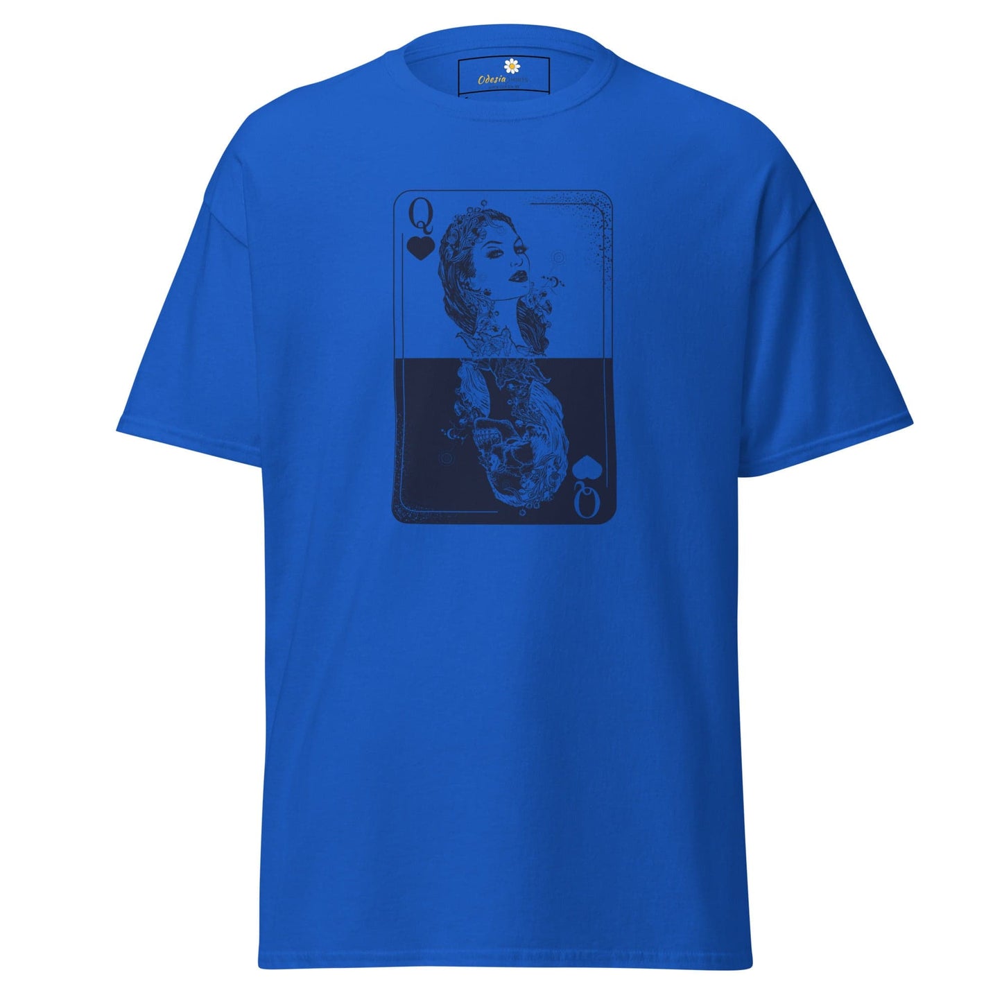 Blue T-shirt with Queen card graphic ideal for both men and women in sizes S to XL