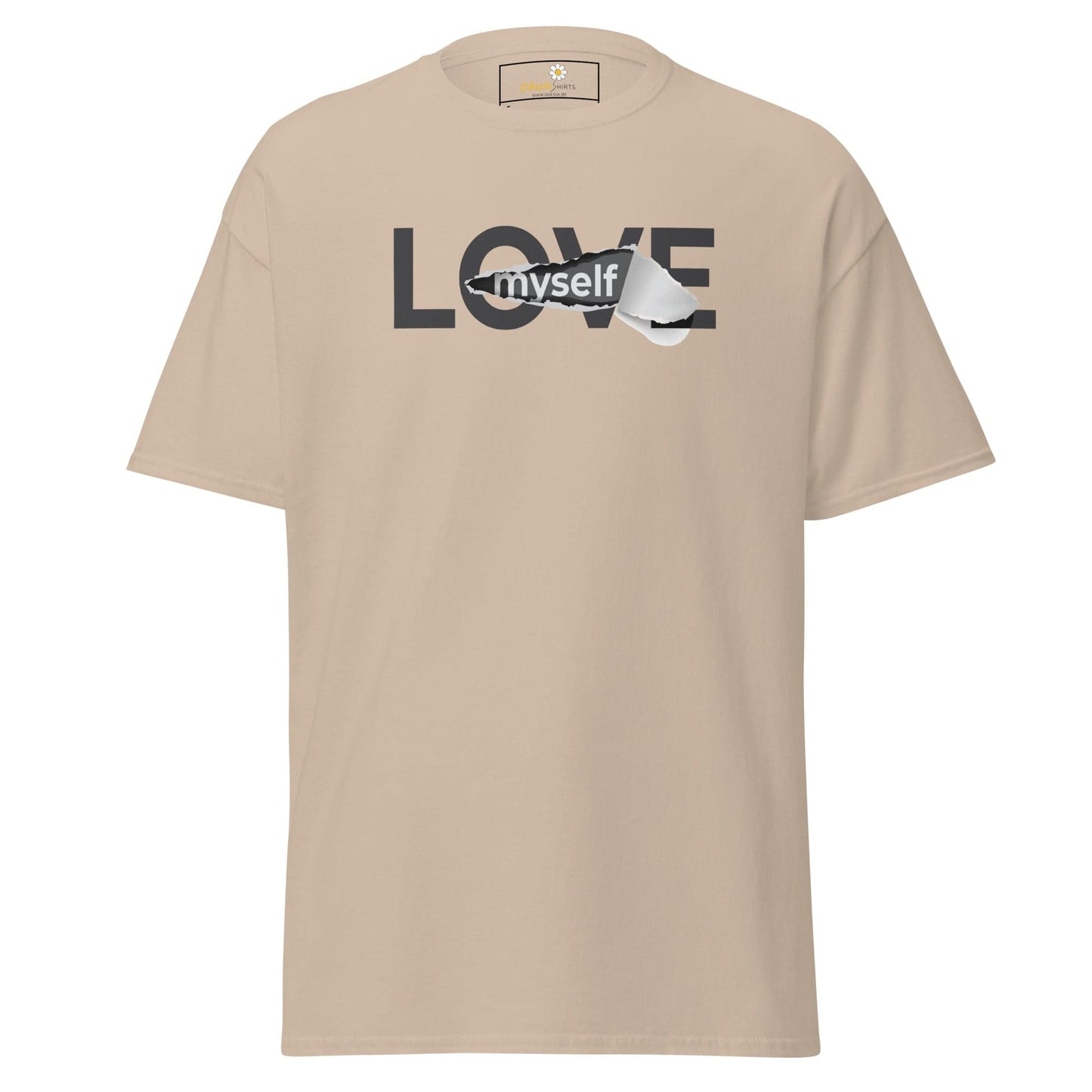 Beige T-shirt with Love Myself graphic from T-Shirt Design Tee for men and women