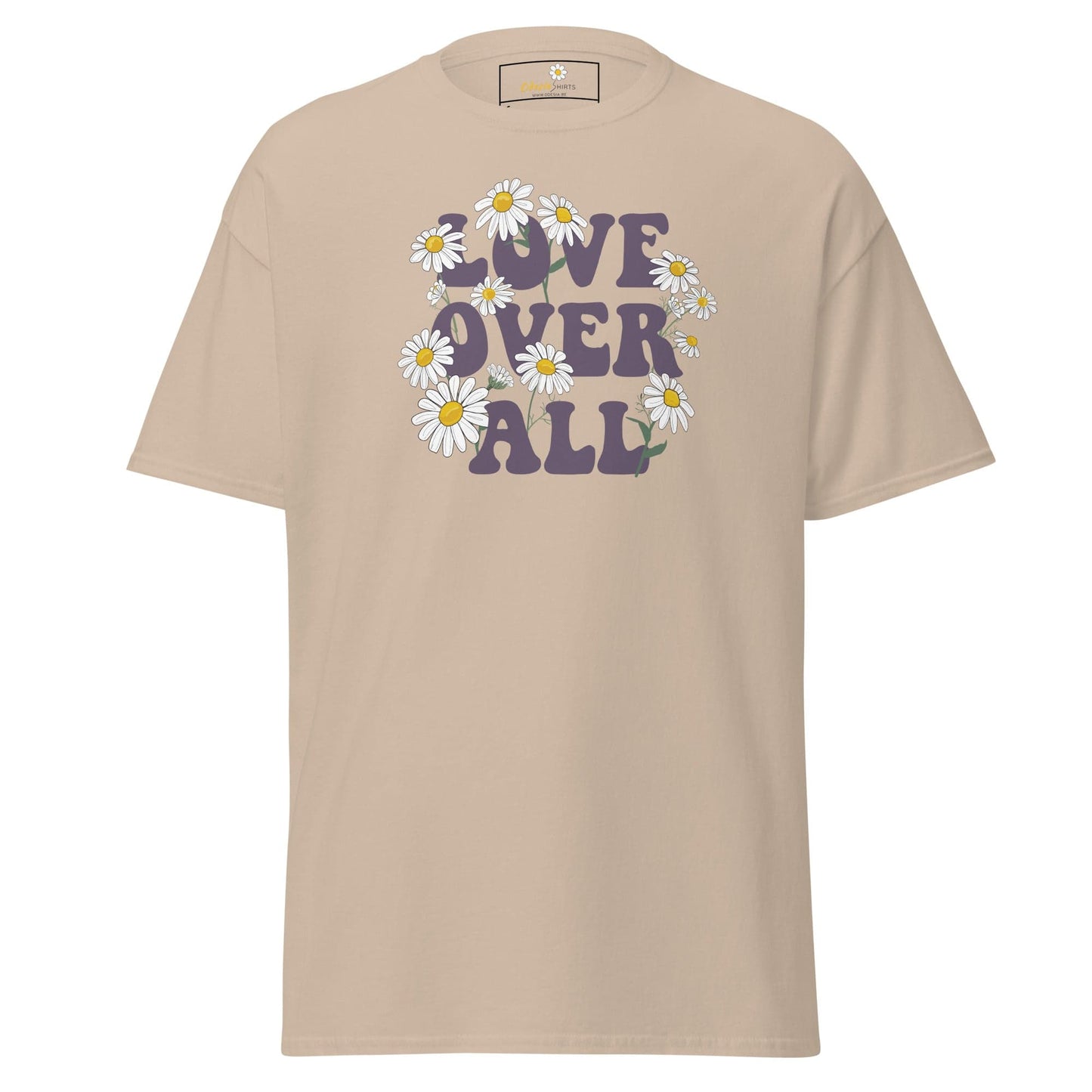 Beige T-shirt with floral Love Over All graphic displayed in T-SHIRT DESIGN TEE for men and women
