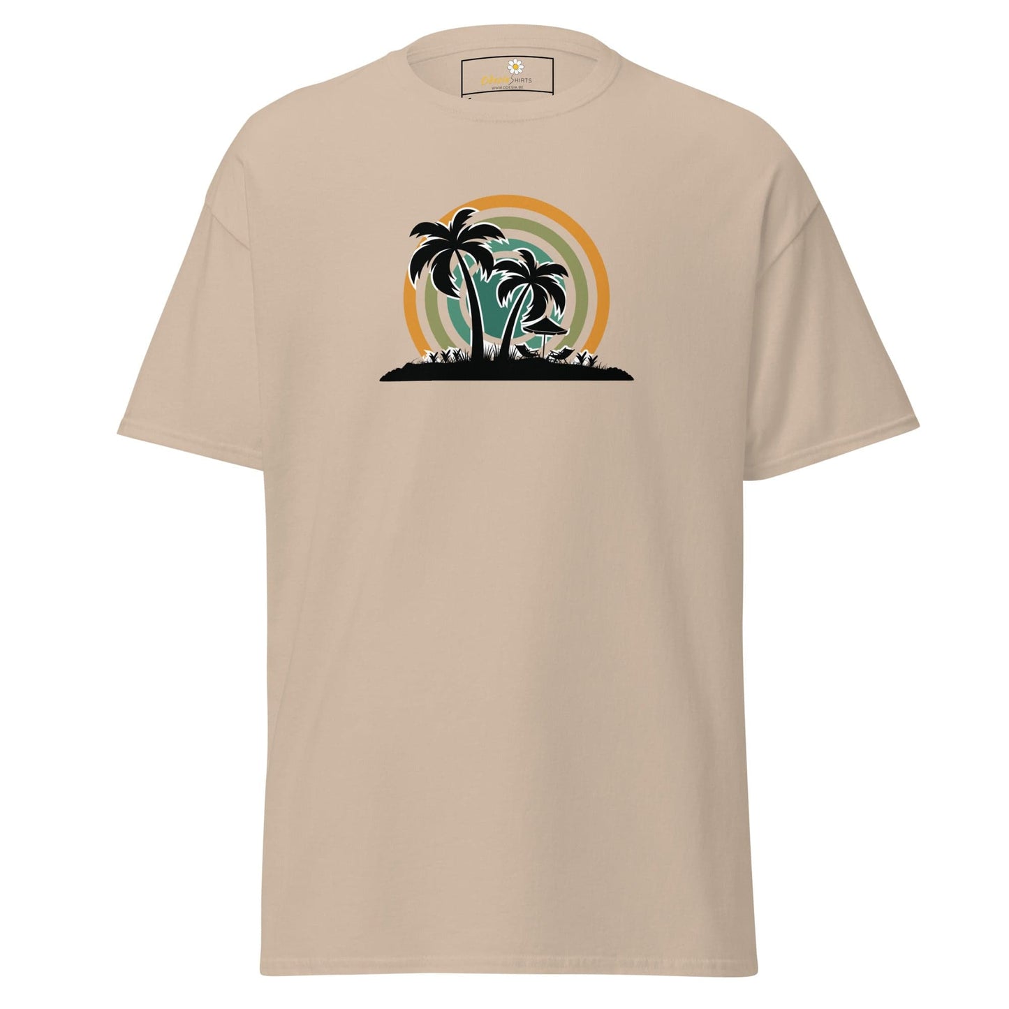 Beige T-shirt with palm tree graphic for Men and Women available in sizes S to XL