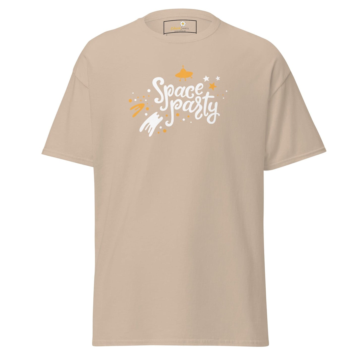 Beige T-shirt featuring a Space Party graphic, suitable for men and women sizes S to XL