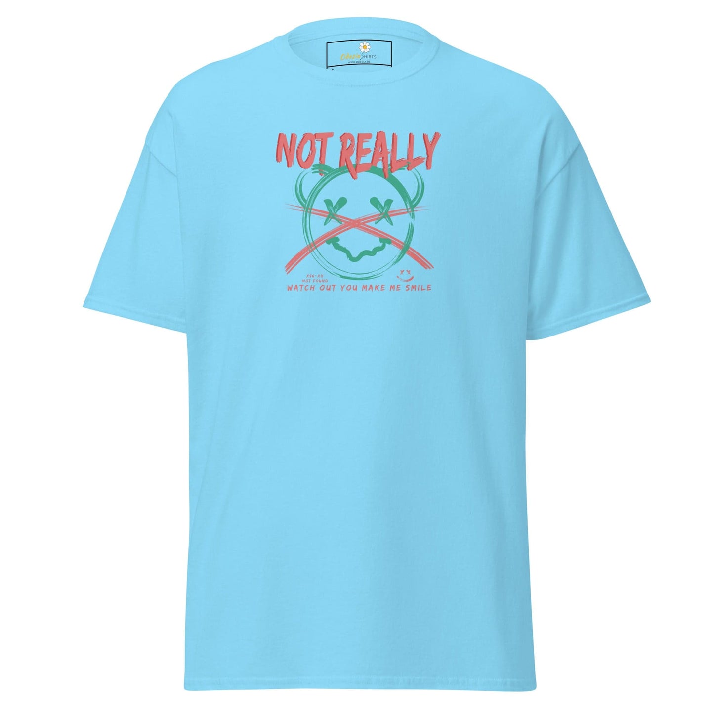 Light blue T-shirt with graphic design for men and women available in sizes S to XL