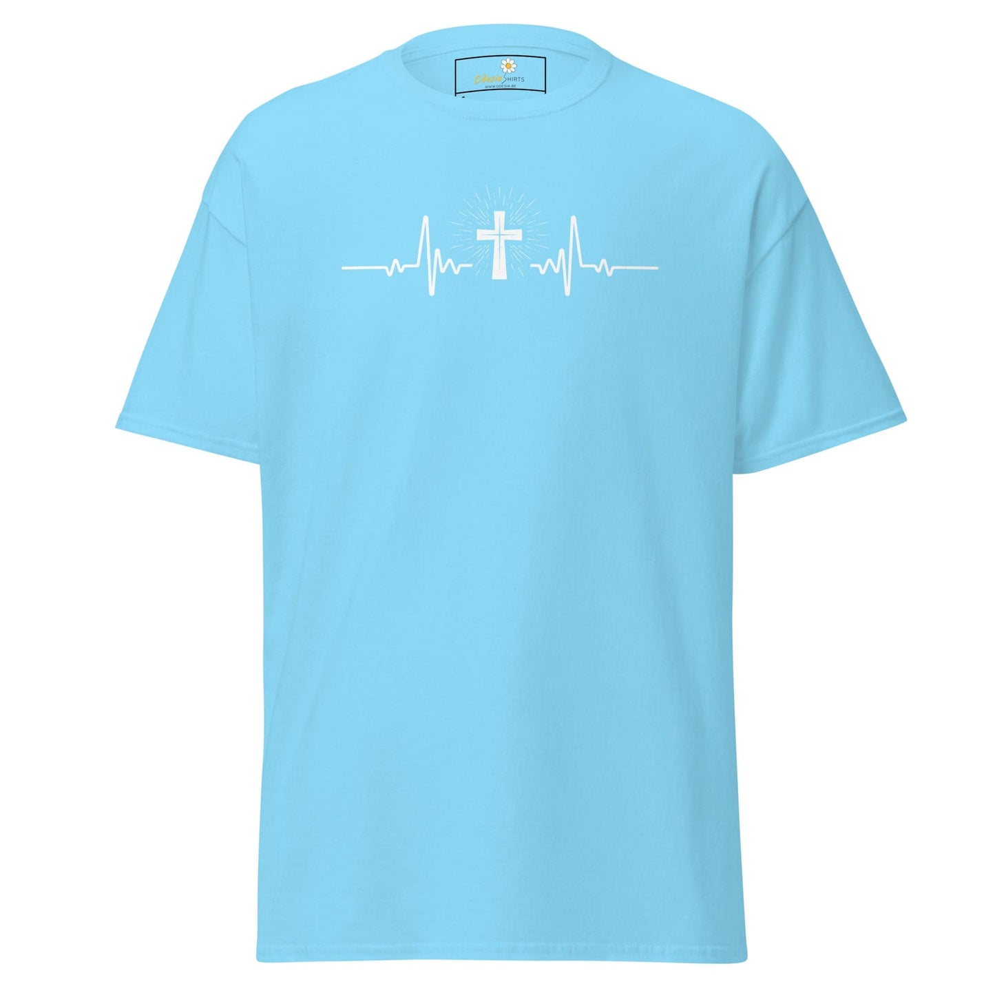 Light blue T-shirt for men and women with white cross heartbeat design