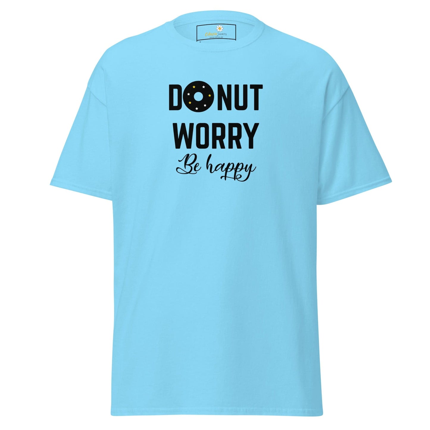 Light blue T-shirt with Donut Worry Be Happy text for Man or Woman in sizes S to XL