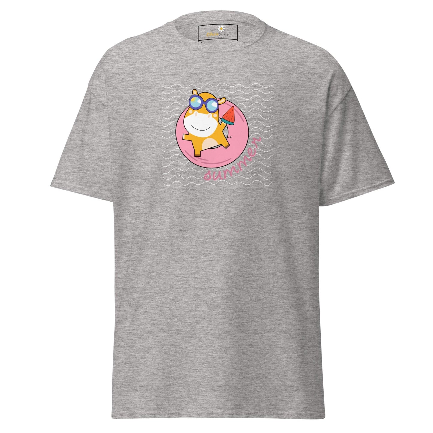 Gray T-shirt featuring a cartoon graphic, suitable for men and women sizes S to XL