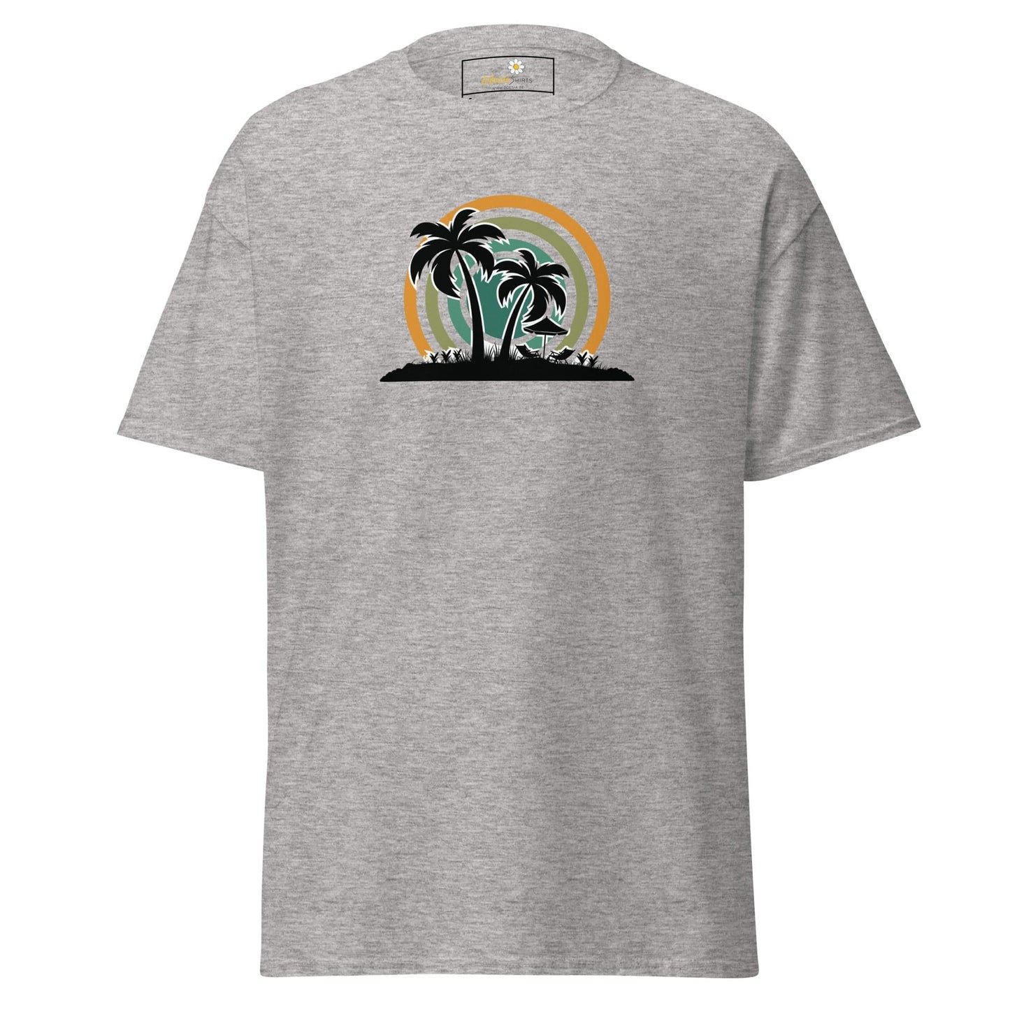 Gray T-shirt with tropical island graphic for men and women in sizes S to XL