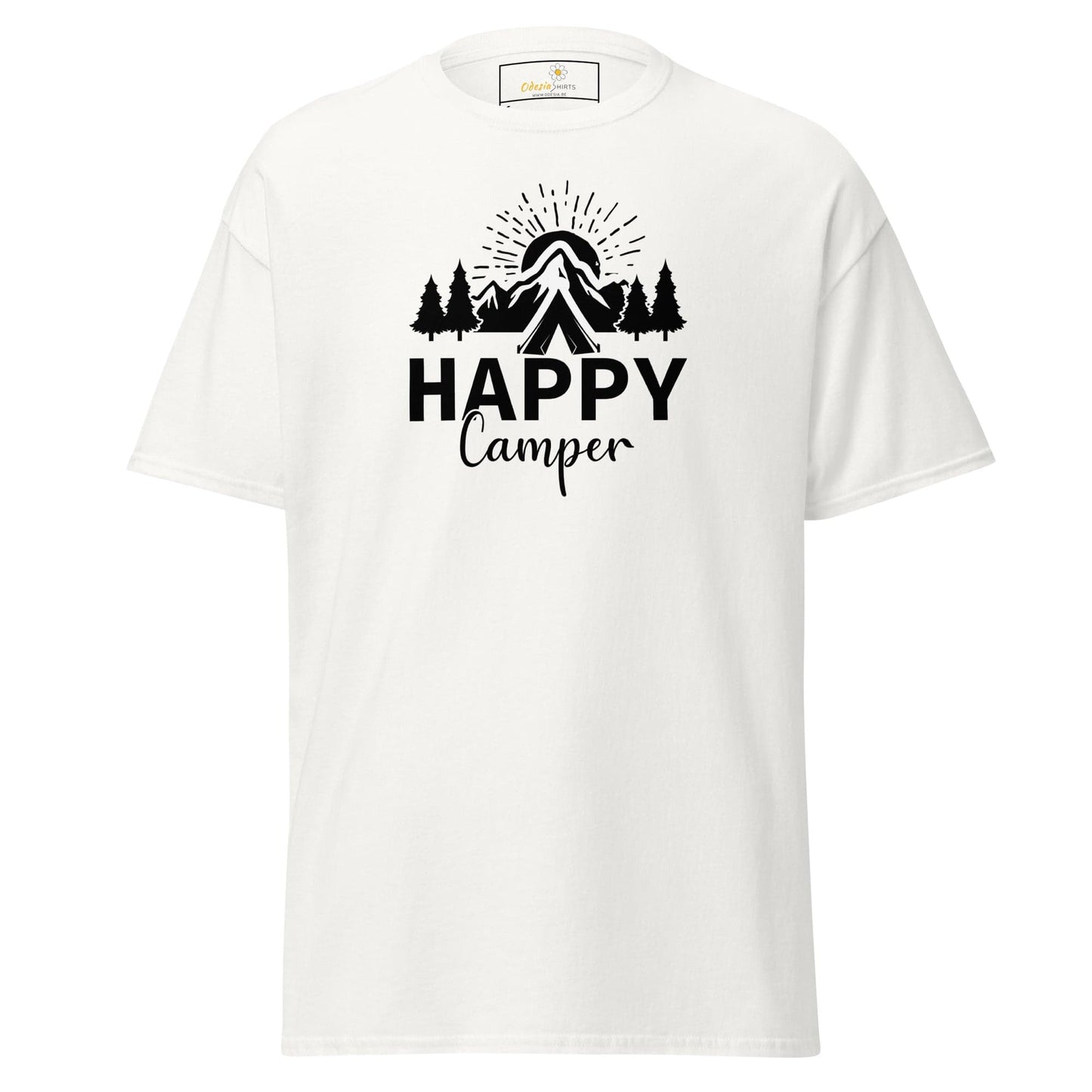 White T-shirt with camping graphic for men and women, available in sizes S to XL