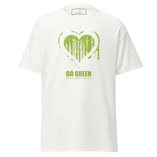 White T-shirt with green heart and forest graphic, suitable for men and women sizes S to XL