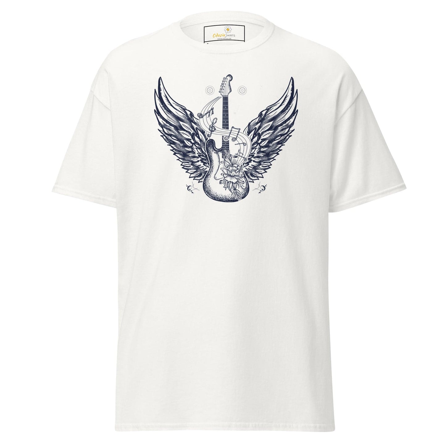 White T-shirt with guitar and wings graphic for men and women in sizes S to XL