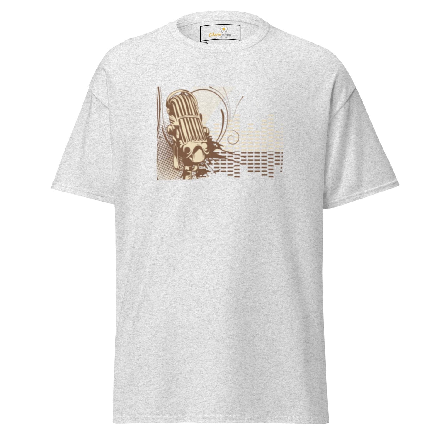 White T-shirt with microphone graphic, available in men’s and women’s sizes from 2XL to 5XL