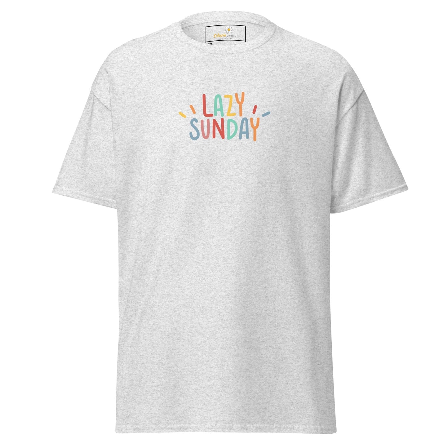 White t-shirt with ’Lazy Sunday’ text.